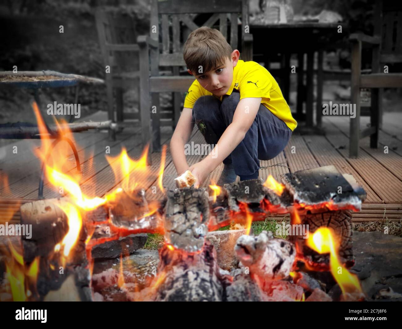 Le marshmallows sono arrostite ad un camino in un giardino da un ragazzino, la Germania Foto Stock