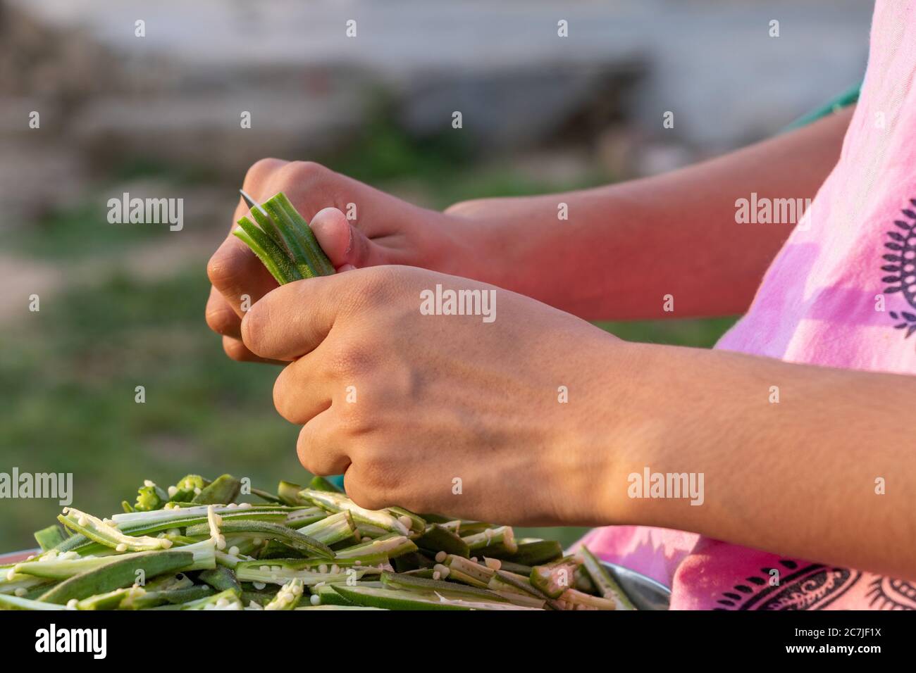 Giovane ragazza che taglia il dito di okra lady con coltello, preparando bhindi per cucinare Foto Stock
