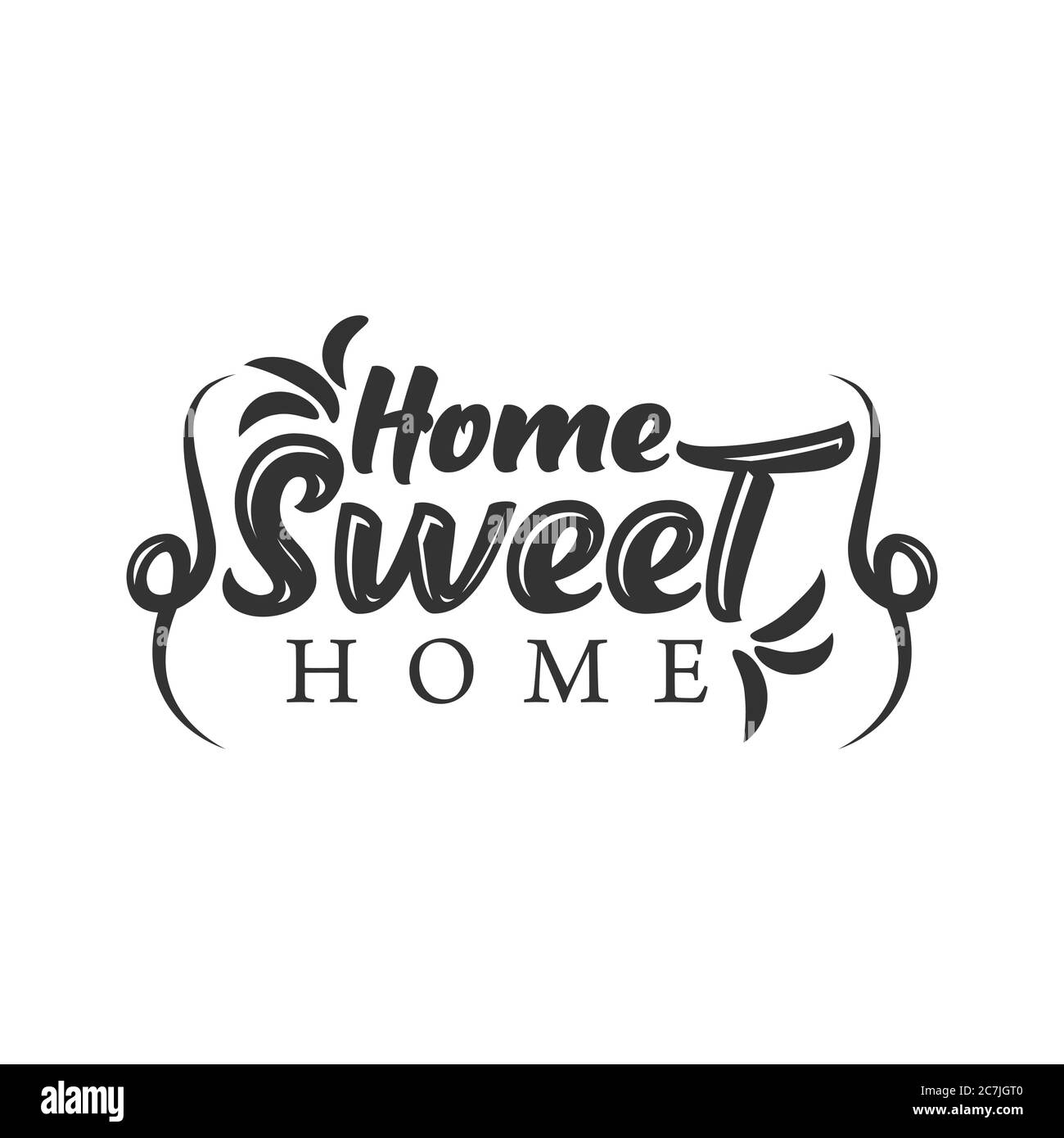 Home Sweet Home - Poster Di Tipografia. Stampa scritta a mano. Immagine vettoriale vintage con cappa casa e cuore bello e camino incenso. Illustrazione Vettoriale