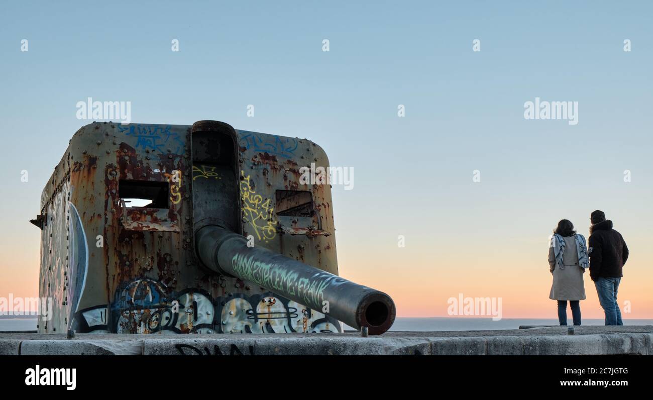 Setúbal, PORTOGALLO - 03 febbraio 2019: Il Regimento de Artilharia de Costa (RAC) è stato un'unità dell'esercito portoghese per garantire la difesa costiera dell'accesso al Foto Stock