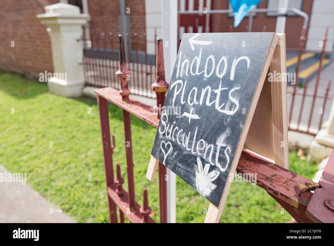 Un piccolo cartello in gesso che vende piante e succulenti al coperto si trova su uno storico cancello in ferro battuto nella città del nuovo Galles del Sud di Mudgee, Australia Foto Stock