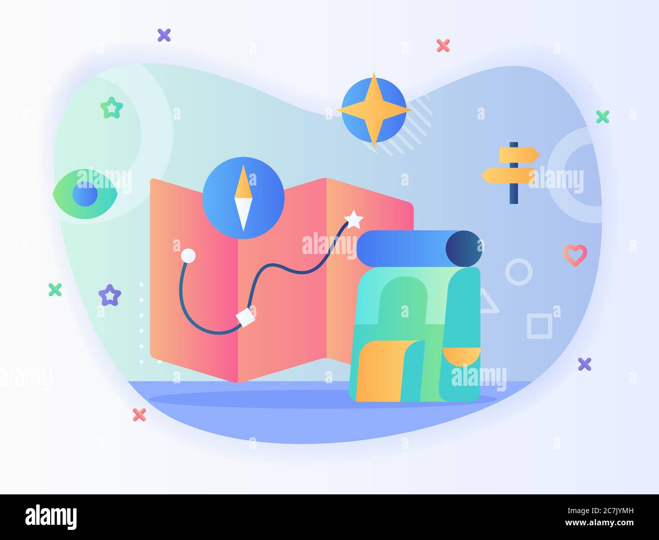 Concetto di strategia di roadmap business insieme di icone mappa bussola BROCure zaino con stile piatto. Illustrazione Vettoriale