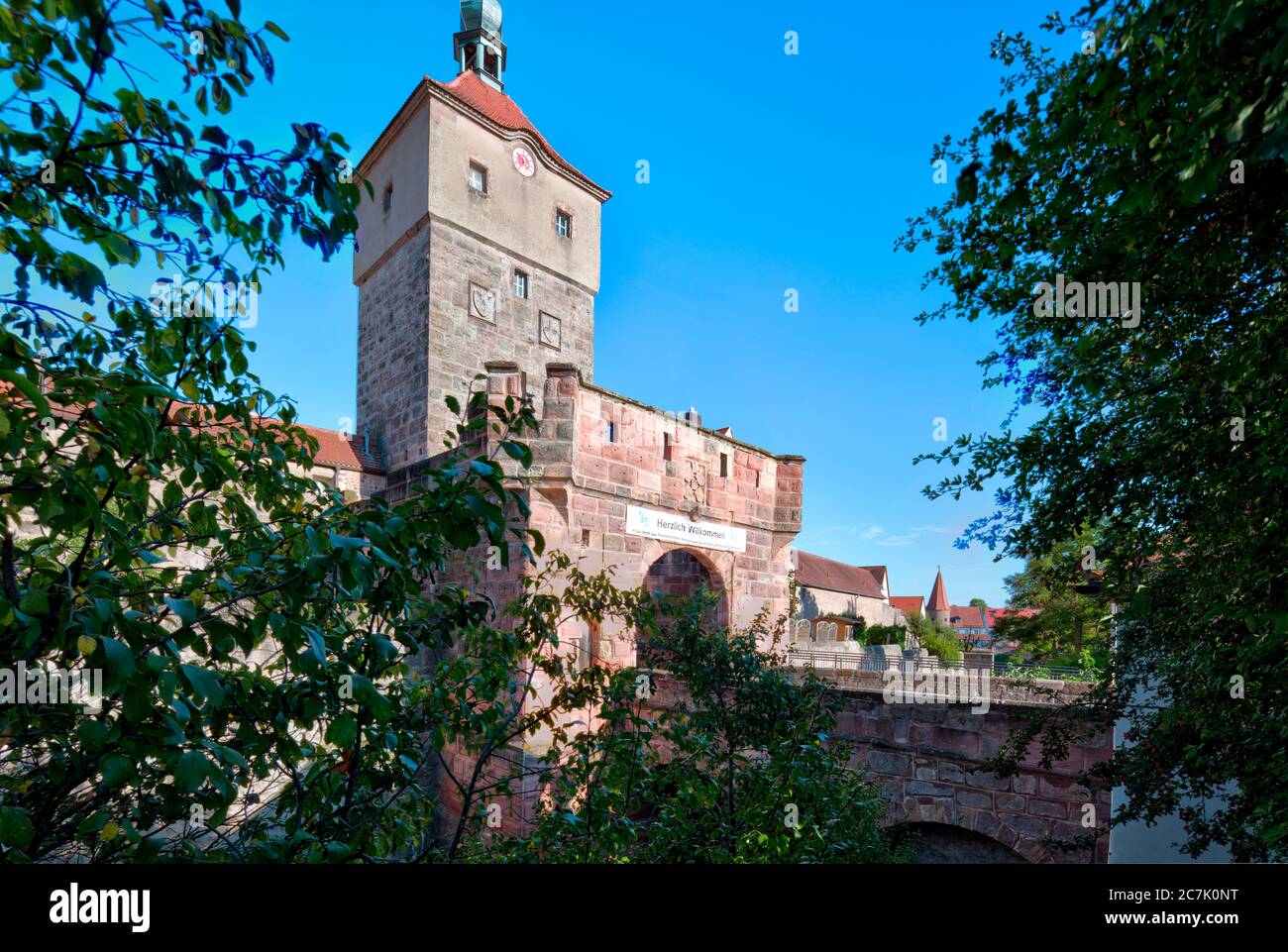 Torre superiore, mura cittadine, fortificazioni cittadine, Wolfram-Eschenbach, Franconia, Baviera, Germania Foto Stock