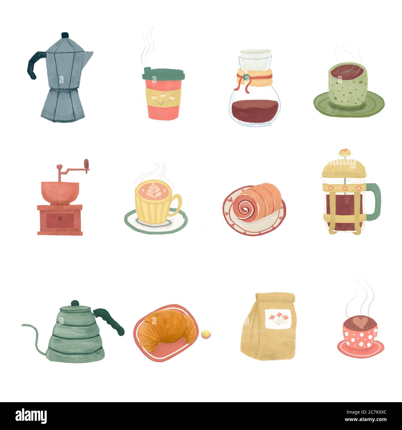 set di illustrazioni per attrezzature da caffè acquerello, idea per adesivi, stampa giornale Foto Stock
