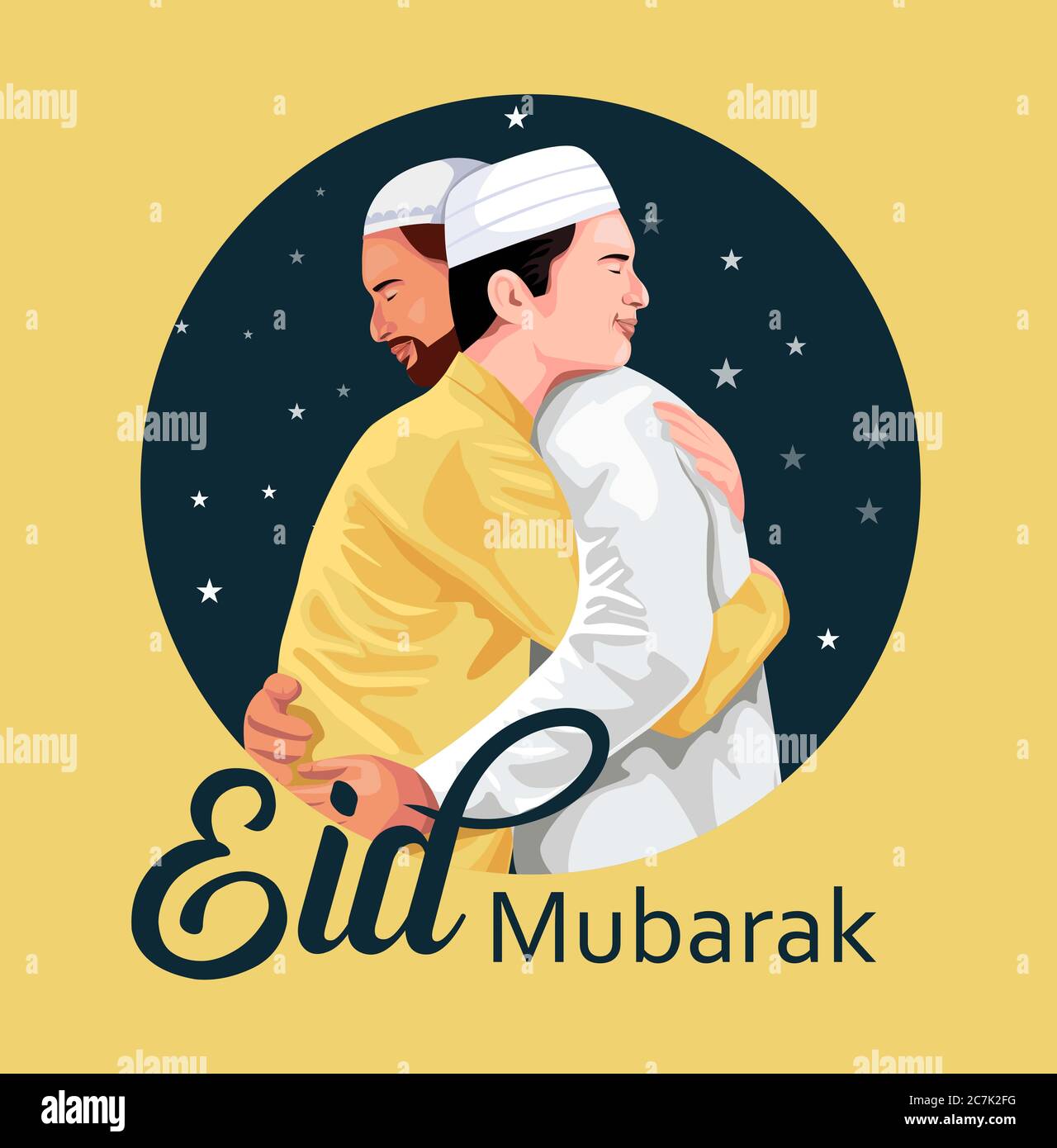 Giovani religiosi musulmani si augurano in occasione di Eid, cornice rotonda a stella su sfondo giallo per la celebrazione del Festival Islamico. Foto Stock