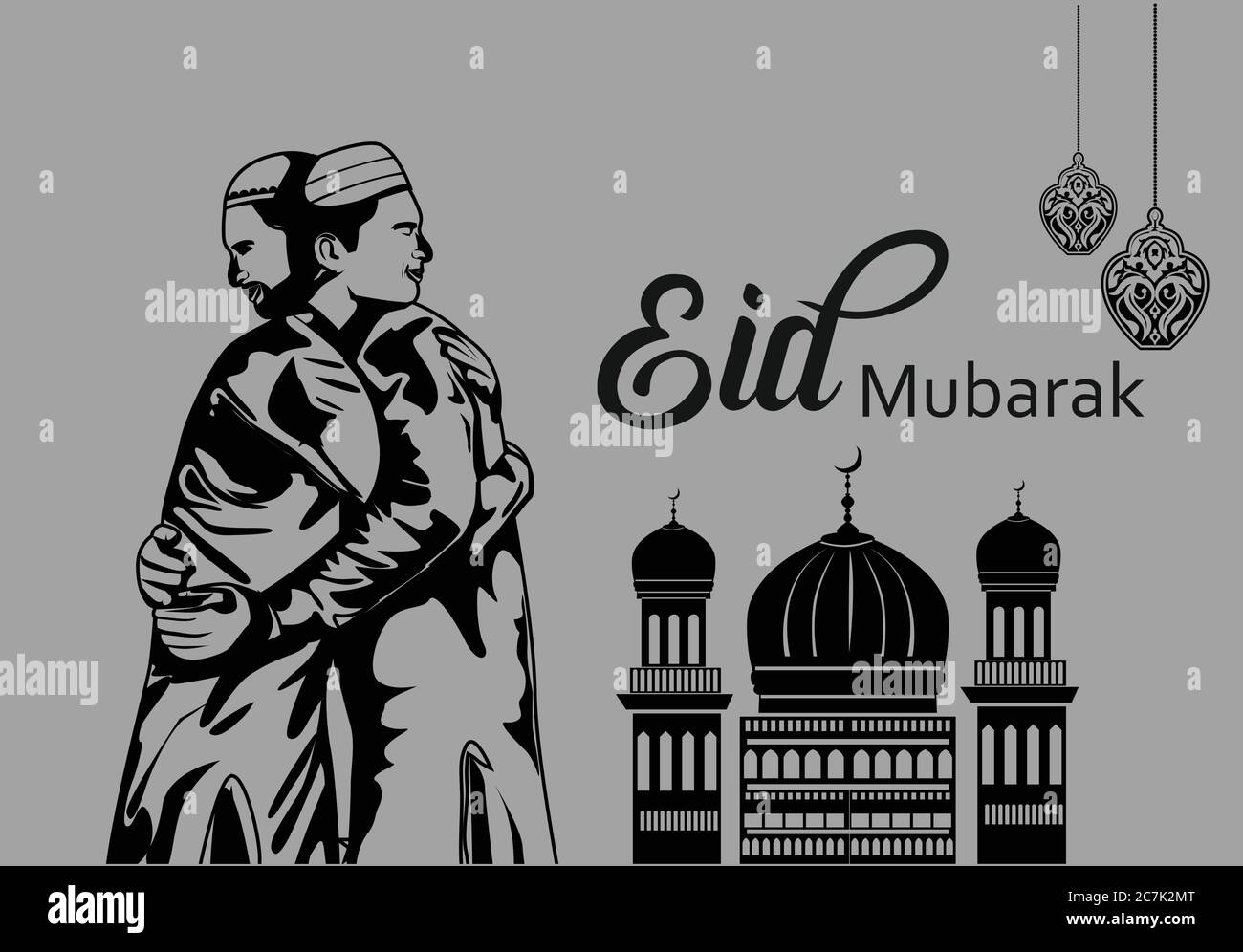 Uomo musulmano che si aggirano e si augurano l'uno all'altro in occasione della celebrazione Eid, moschea sagome e lanterne sfondo. Illus vettoriale di schizzo disegnato a mano Illustrazione Vettoriale