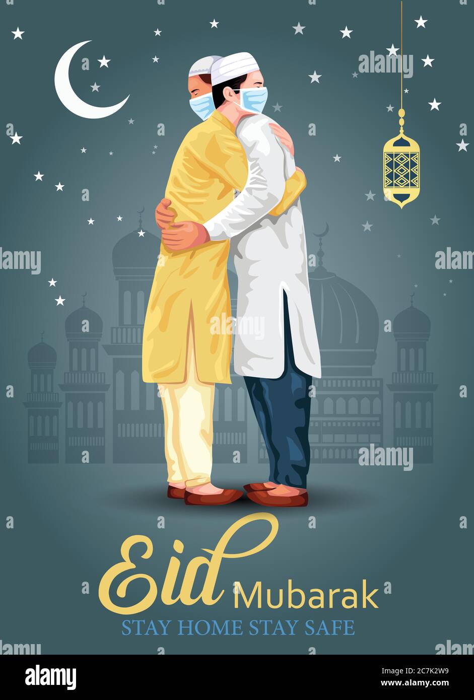 EID-al-Fitr Mubarak poster o banner con illustrazione di giovani uomini che si abbracciano in occasione del Festival Islamico Eid Mubarak. corona viru Illustrazione Vettoriale