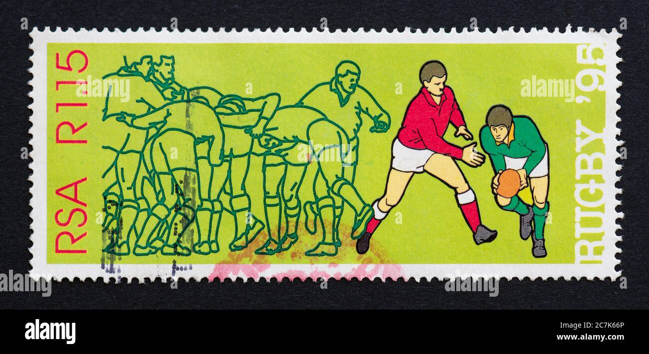 Repubblica del Sud Africa francobollo commemorativo per il Rugby World Cup 1995 che è stato ospitato e vinto da South Africa Foto Stock