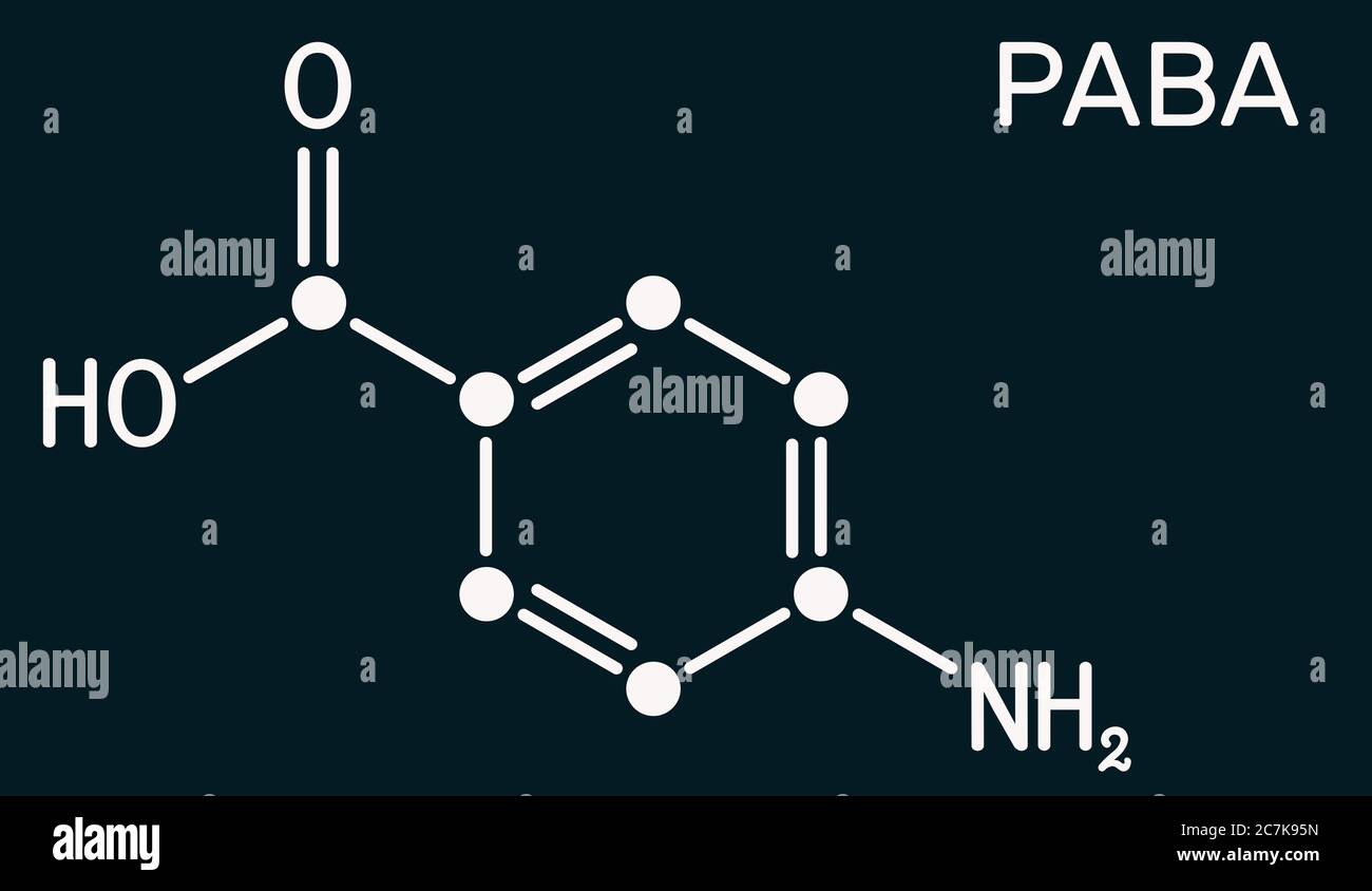 Acido 4-amminobenzoico, acido p-amminobenzoico, molecola PABA. È un nutriente essenziale per alcuni batteri e membri del complesso della vitamina B. Sfondo blu scuro Foto Stock