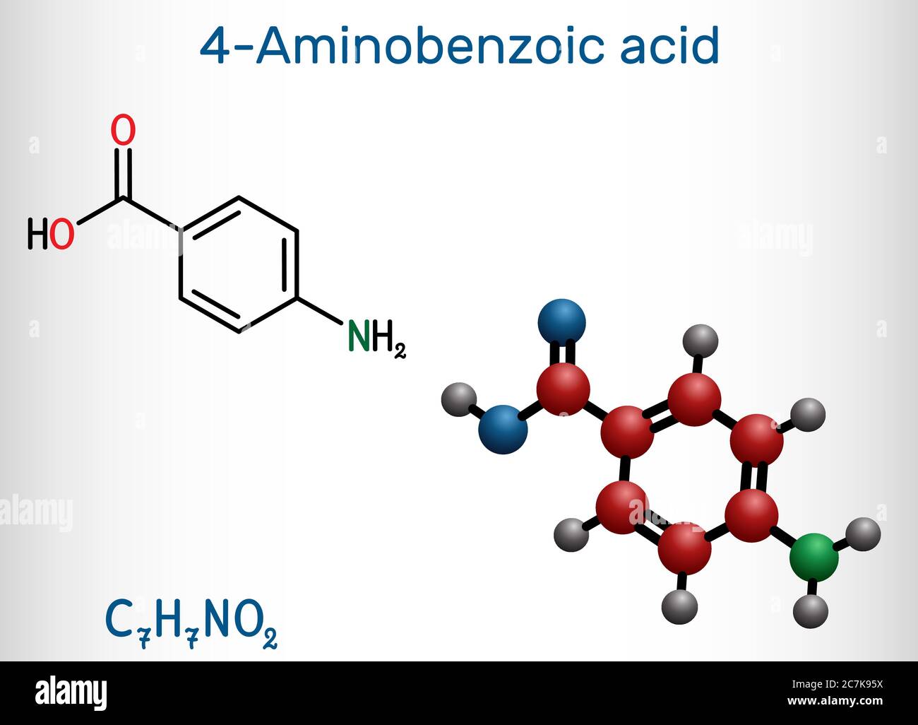 Acido 4-amminobenzoico, acido p-amminobenzoico, molecola PABA. È un nutriente essenziale per alcuni batteri e membri del complesso della vitamina B. Chimica strutturale Illustrazione Vettoriale
