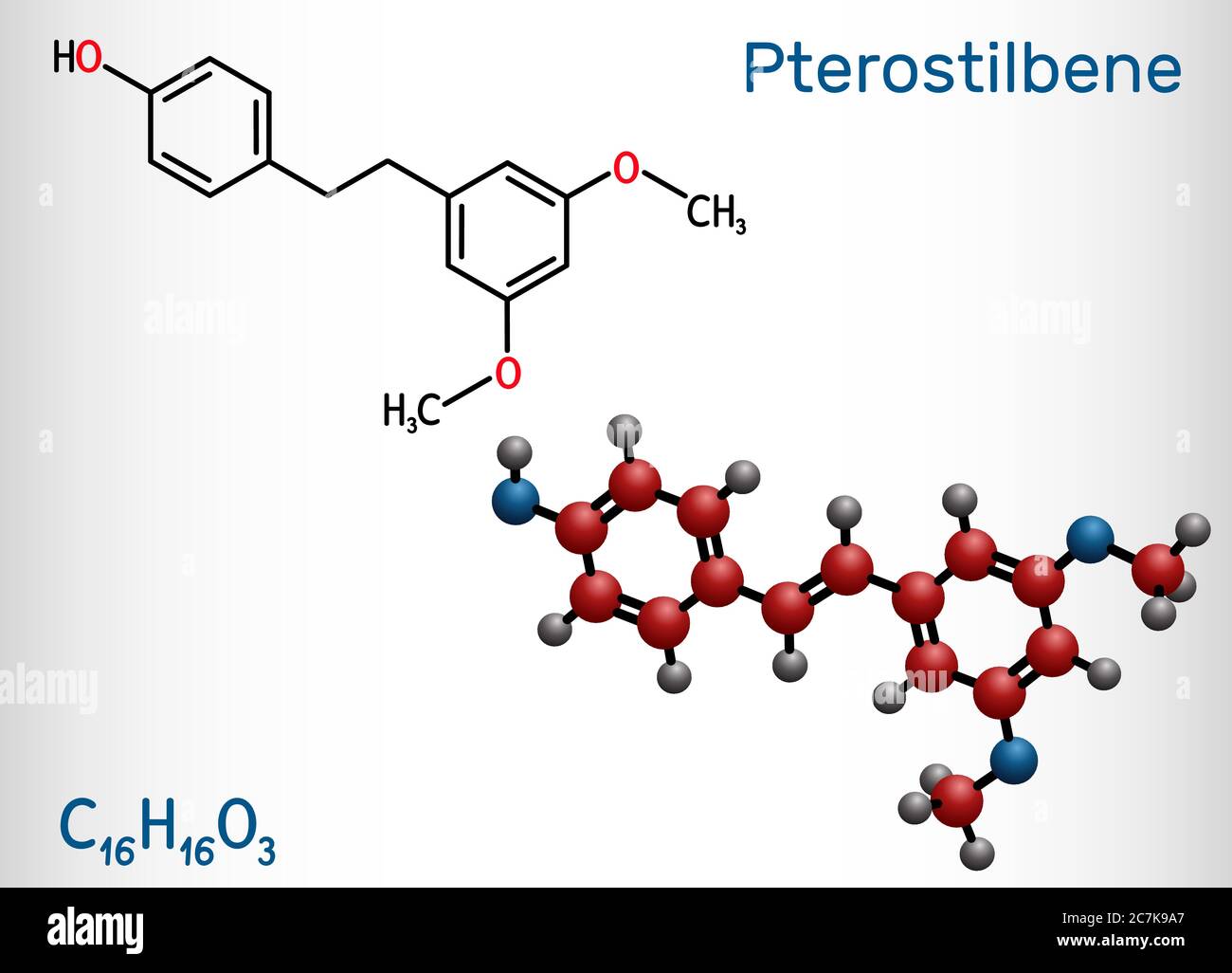 Pterostilbene, molecola stilbenoide. Ha un ruolo come metabolita, antiossidante, agente antineoplastico, neurotrasmettitore. Formula chimica strutturale e. Illustrazione Vettoriale