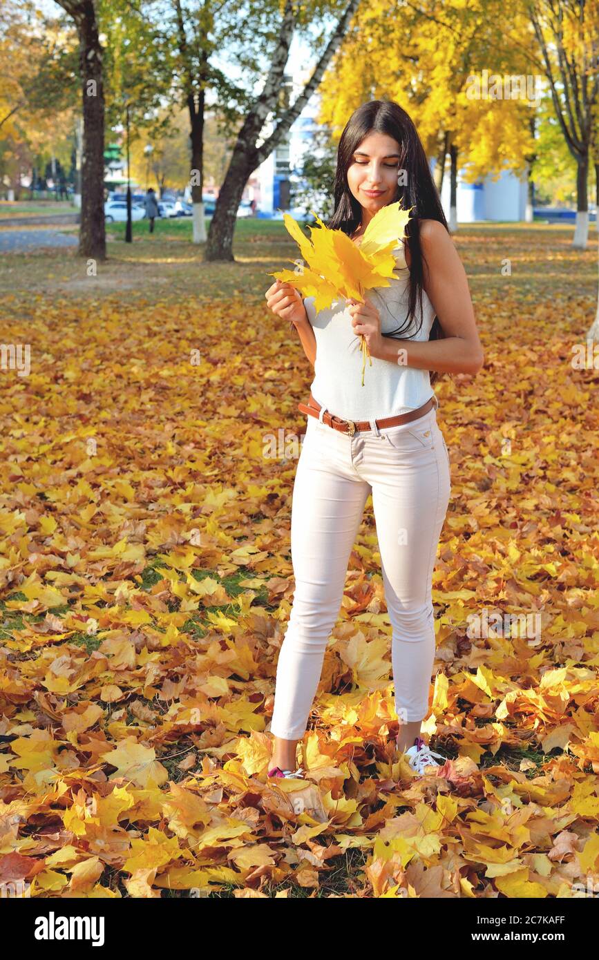 Bella ragazza in parco autunno tenendo una foglia d'acero in mano, sorridendo sul suo volto, in jeans bianchi e una blusa, su uno sfondo di alberi e voi Foto Stock