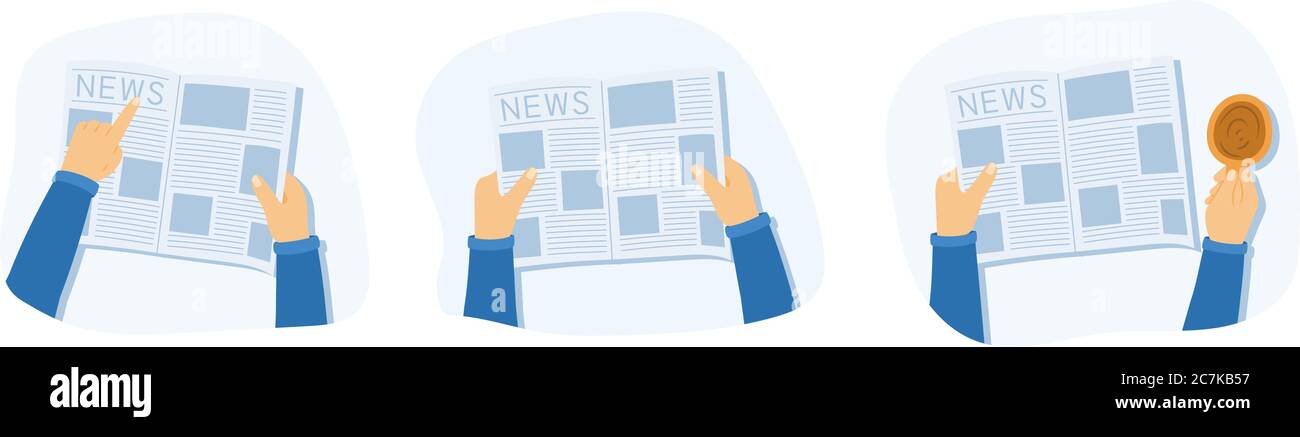L'uomo legge un giornale, mostra qualcosa e beve caffè o tè. Mani che tengono un giornale. Illustrazione vettoriale in stile piatto Illustrazione Vettoriale