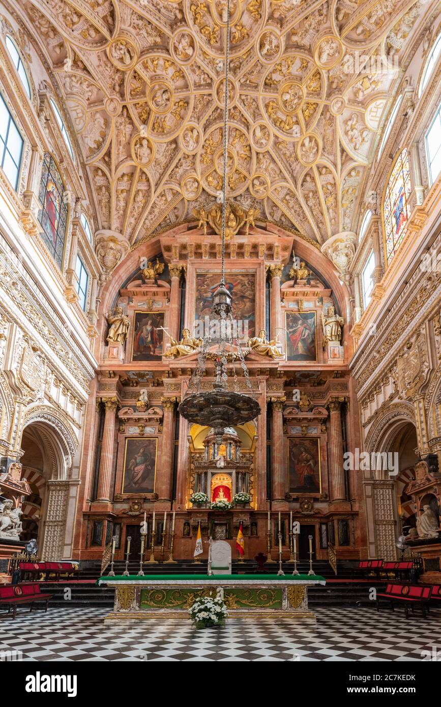 La pala d'altare in marmo rosso con i suoi dipinti di Acisclo Antonio Palomino e la volta riccamente ornata dominano la cappella della Cattedrale di Cordova Foto Stock