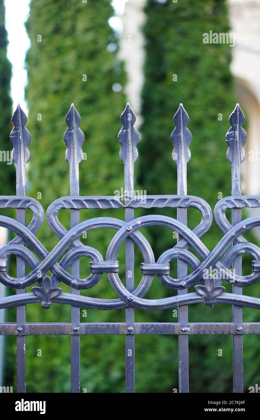 Immagine in primo piano verticale dei bellissimi dettagli a motivi geometrici di un recinzione in ferro Foto Stock