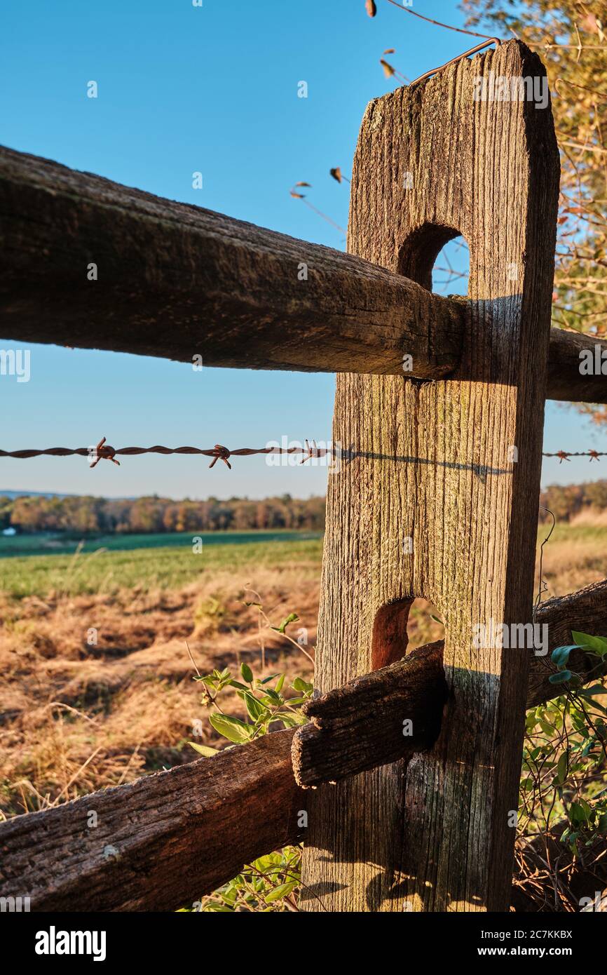 Fuoco selettivo della recinzione di legno e filo spinato durante il giorno Foto Stock
