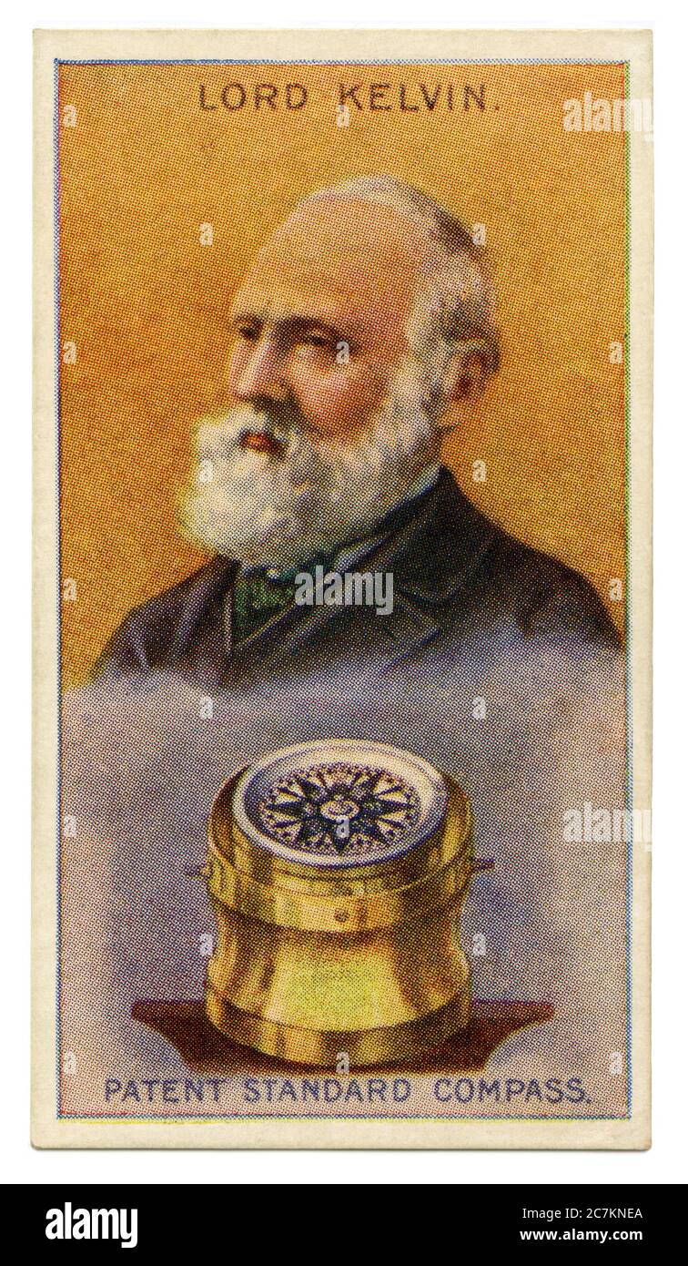Una vecchia scheda di sigaretta (c.. 1929) con un ritratto di Lord Kelvin e un'illustrazione della sua bussola standard brevettuale (bussola del marinaio). La bussola magnetica di una nave è stata montata in gimbal per mantenerla in piano. Chiodi di ferro (e successivamente rivestimenti di ferro sulle navi) hanno causato deviazioni alle letture della bussola. Lord Kelvin brevettò la sua bussola negli anni 1880. Esso incorporava due sfere di compensazione. ('le palle di Kelvin' o 'le palle di navigatore'). William Thomson, nato a Belfast, Baron Kelvin (1824–1907), è stato un fisico e ingegnere matematico. Foto Stock