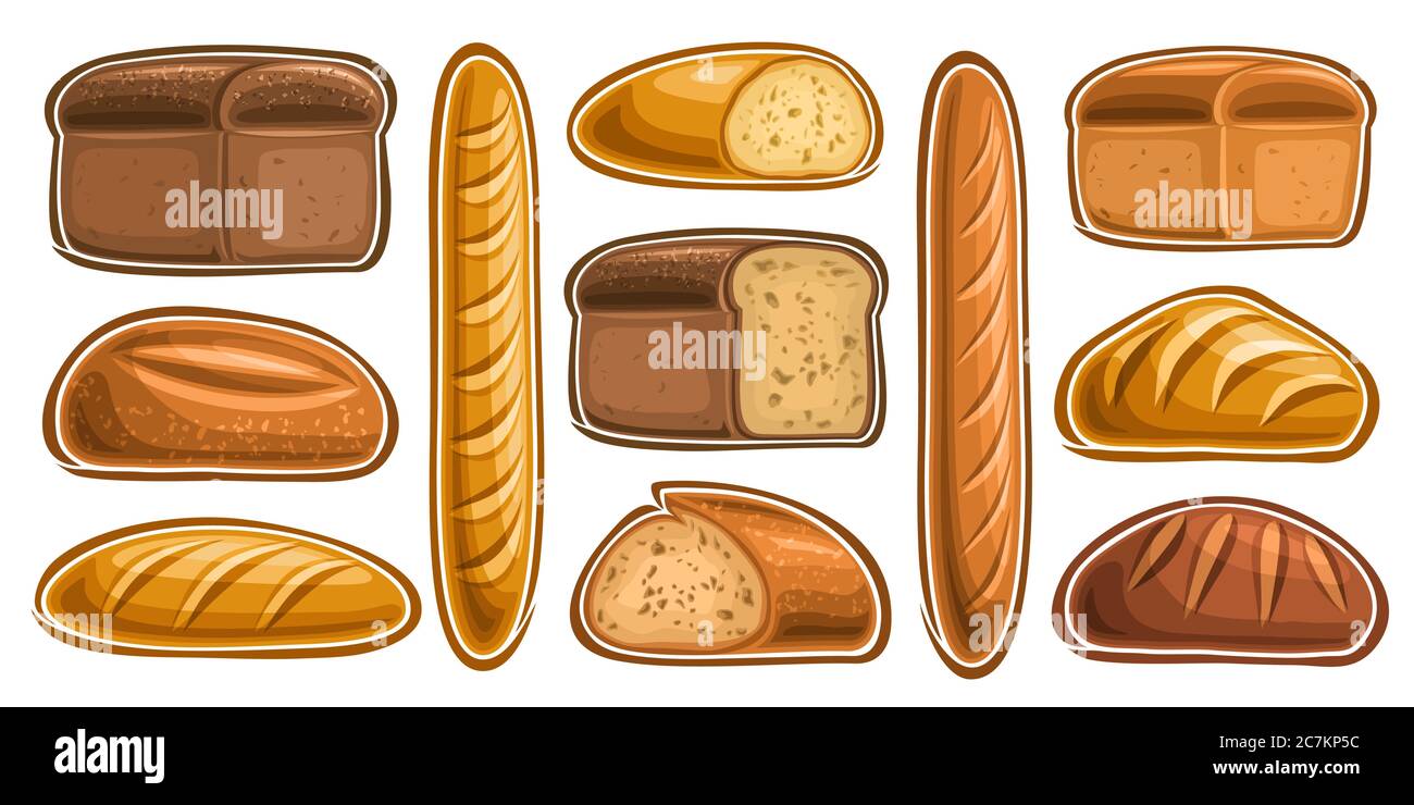 Set vettoriale di pane assortito e panetteria, raccolta di lotti di 11 illustrazioni tagliate di pane fresco su sfondo bianco. Illustrazione Vettoriale