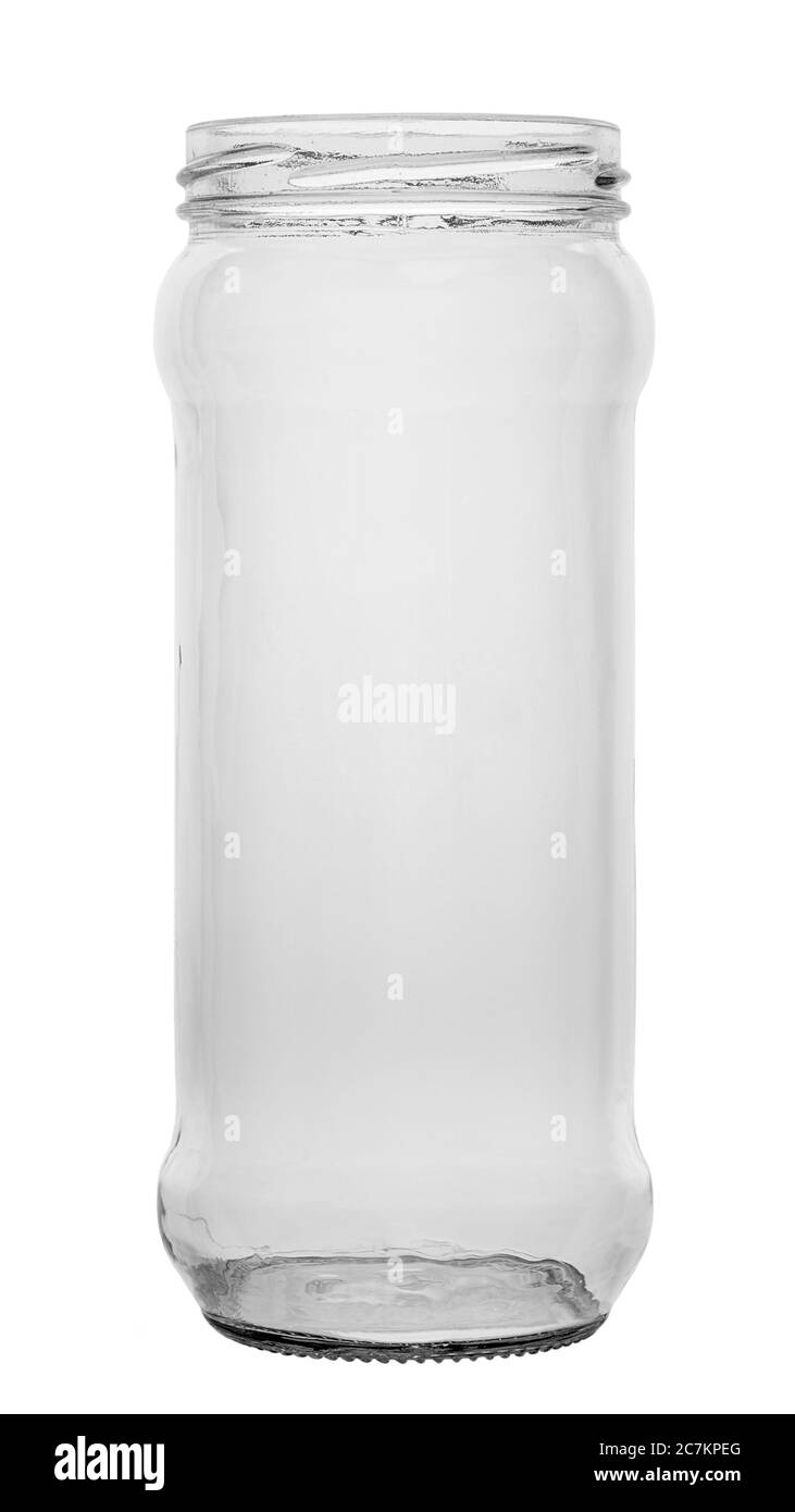 Vaso vuoto in vetro senza coperchio isolato su sfondo bianco. Il file contiene il percorso di ritaglio. Foto Stock