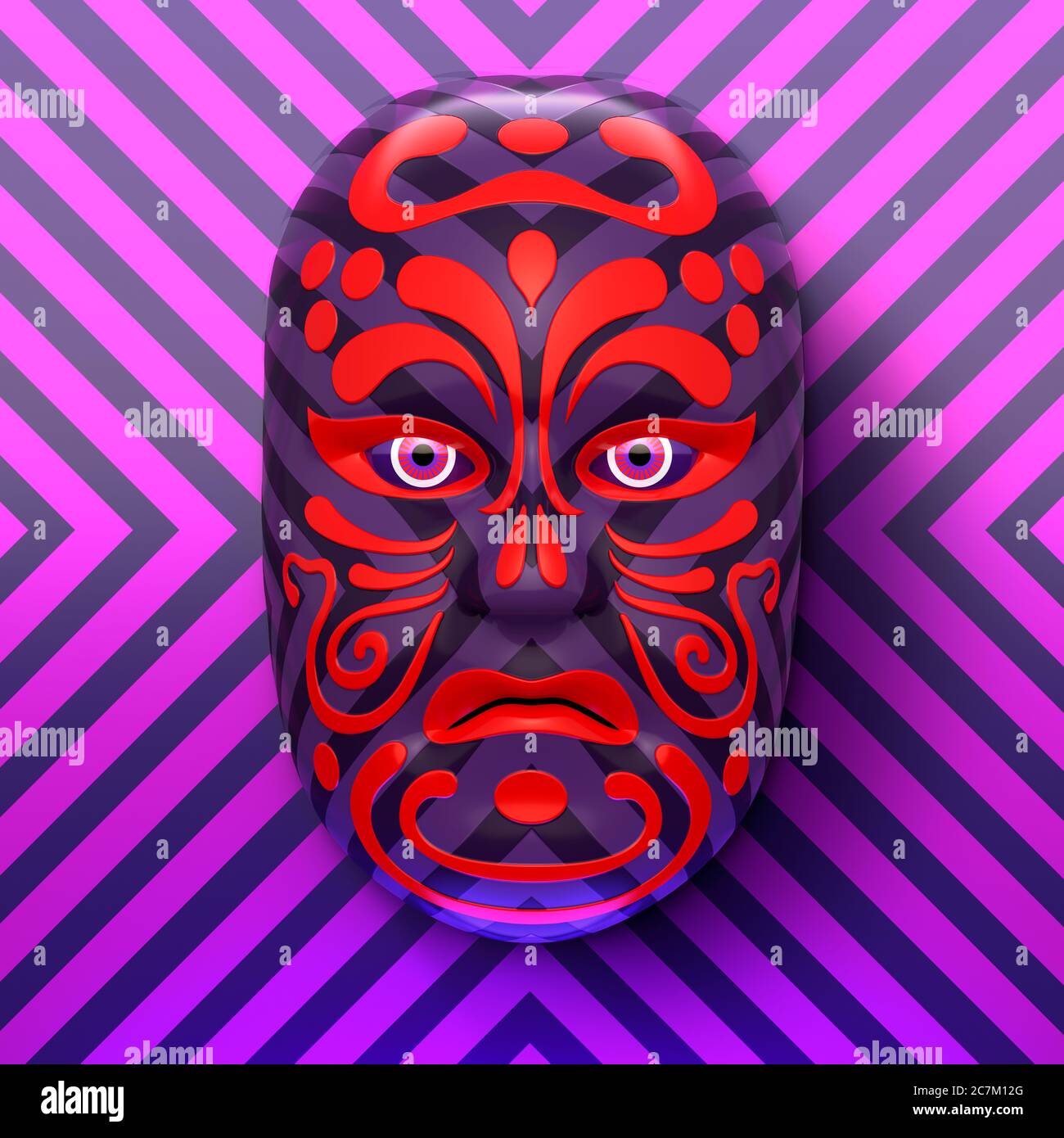 Maschera teatrale asiatica con ornamenti rossi su sfondo a strisce viola-rosa Foto Stock