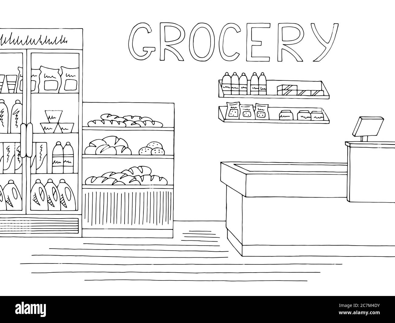 Negozio di alimentari interni nero bianco grafico disegno vettore illustrazione Illustrazione Vettoriale