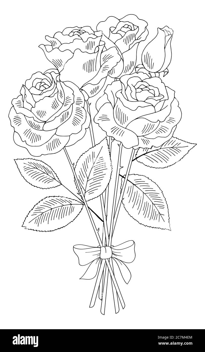 Fiore rosa grafica nero bianco isolato bouquet disegno vettore Illustrazione Vettoriale