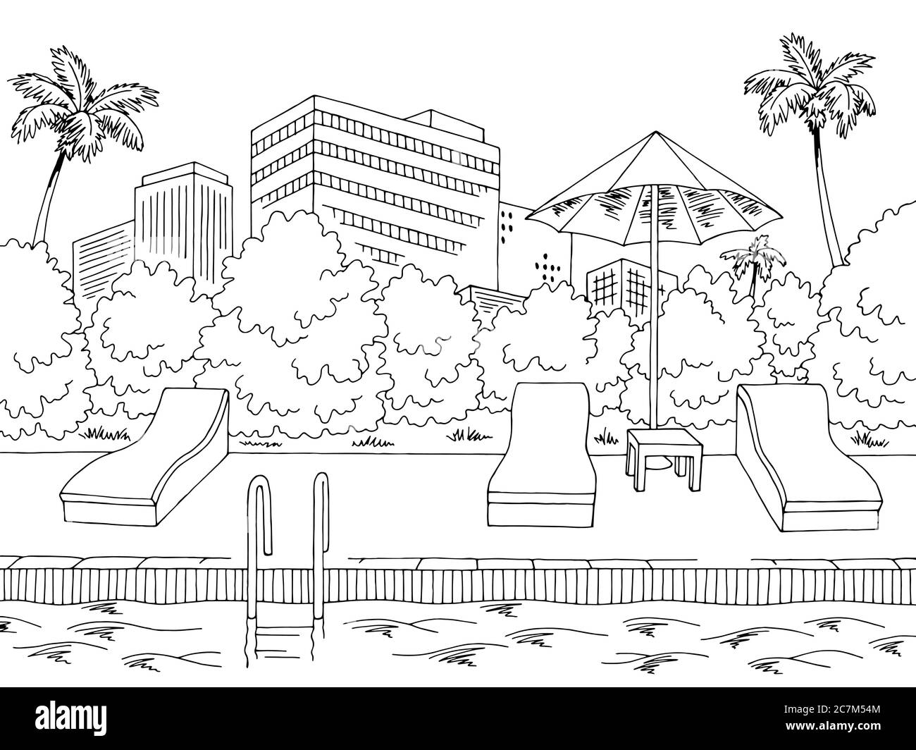 Piscina grande hotel grafico bianco nero disegno disegno paesaggio vettore illustrazione Illustrazione Vettoriale