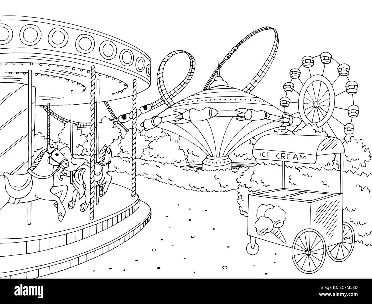 Parco di divertimento paesaggio grafico bianco nero illustrazione del disegno vettore Illustrazione Vettoriale