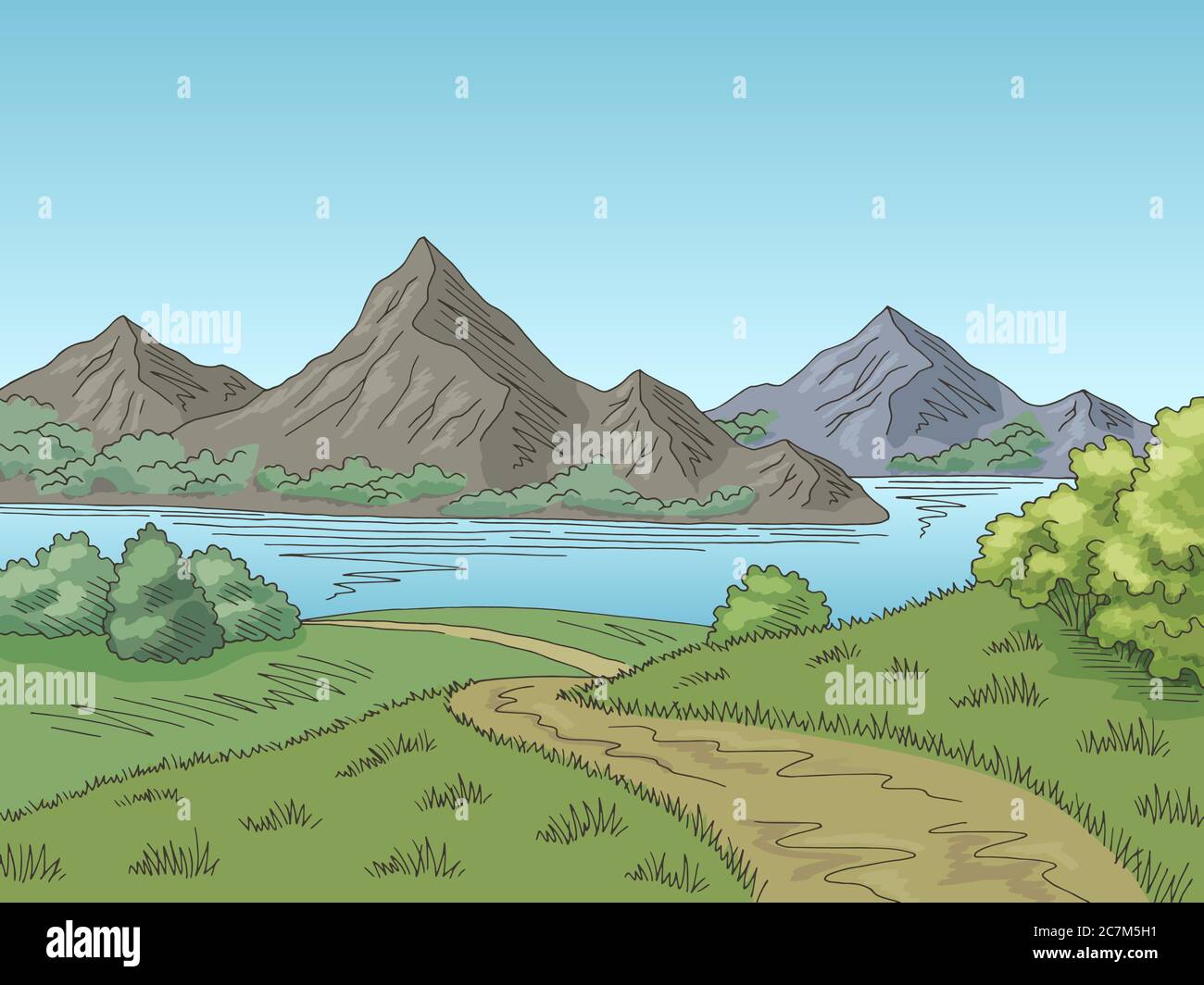 Mountain Lake Road grafico colore paesaggio illustrazione dello schizzo vettore Illustrazione Vettoriale