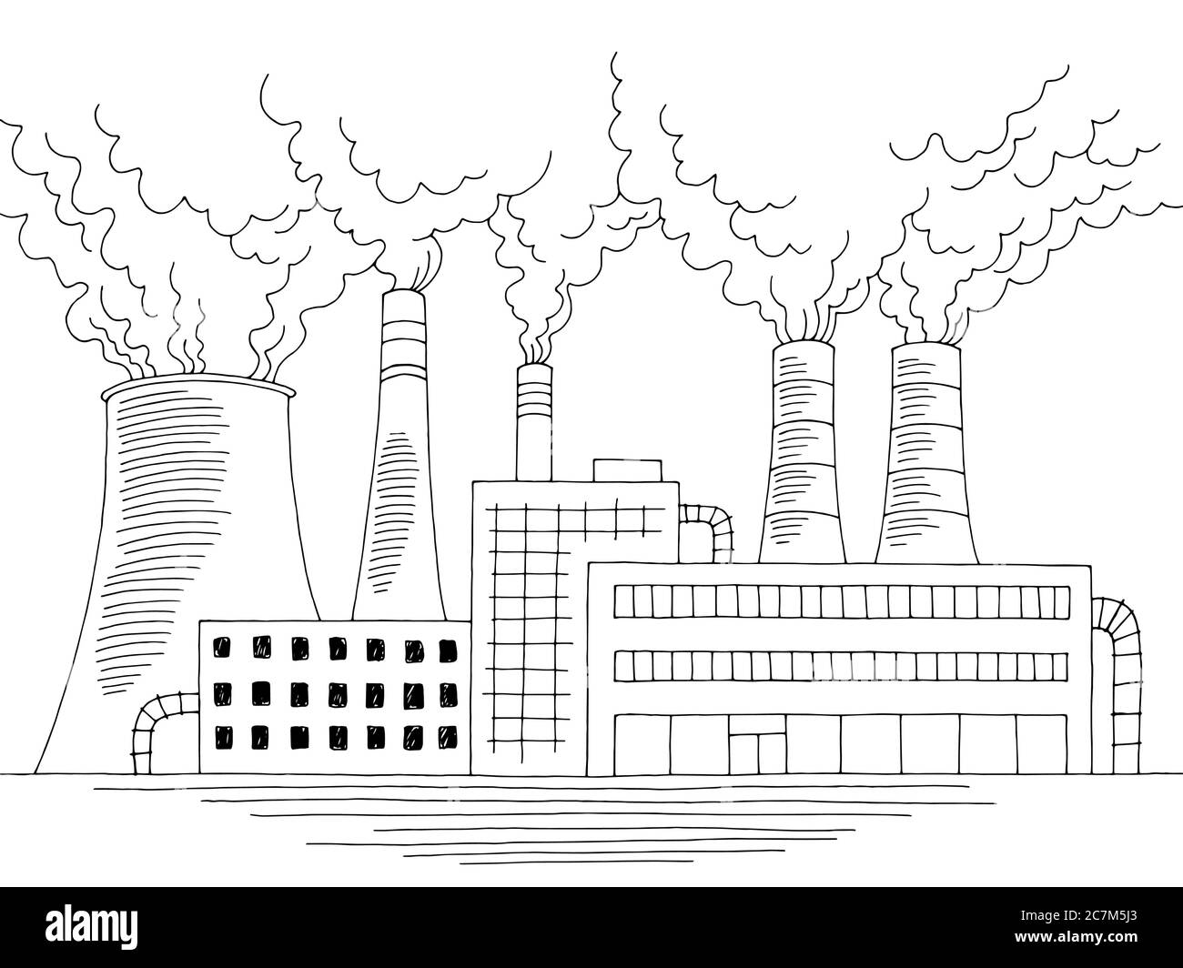 Costruzione di fabbrica anteriore esterno ecologia problema grafico nero bianco illustrazione schizzo vettore Illustrazione Vettoriale
