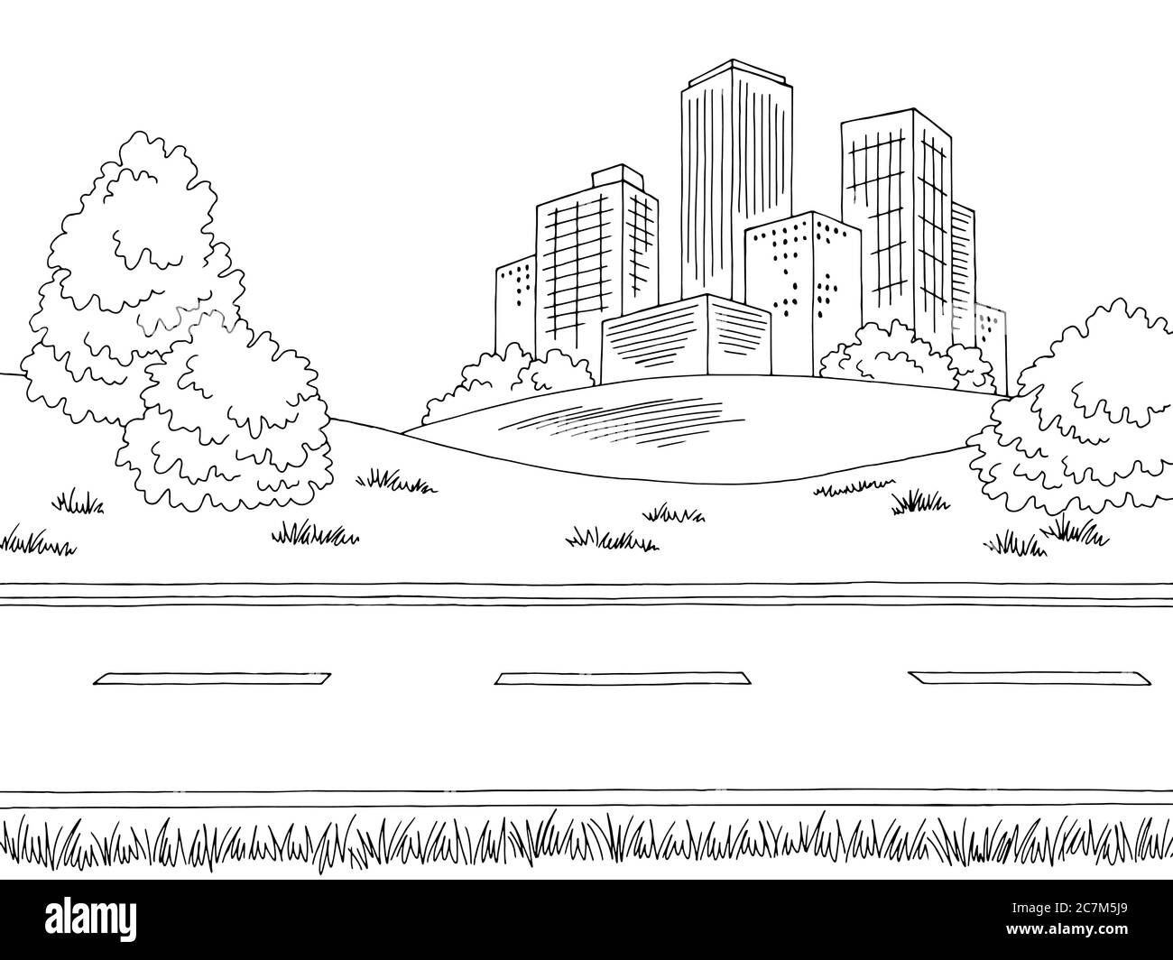Grafica città strada bianco nero disegno paesaggio vettore illustrazione Illustrazione Vettoriale