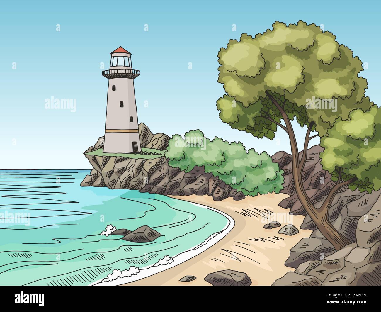 Faro costa mare grafico colore paesaggio disegno vettore Illustrazione Vettoriale