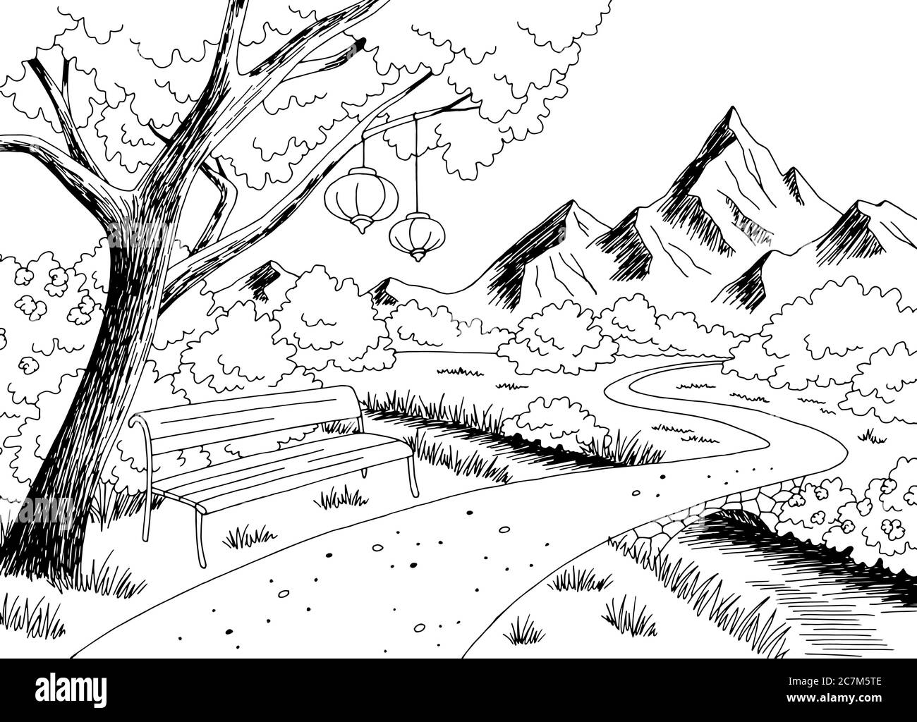 Grafico di parcheggio bianco nero illustrazione dello schizzo del paesaggio vettore Illustrazione Vettoriale