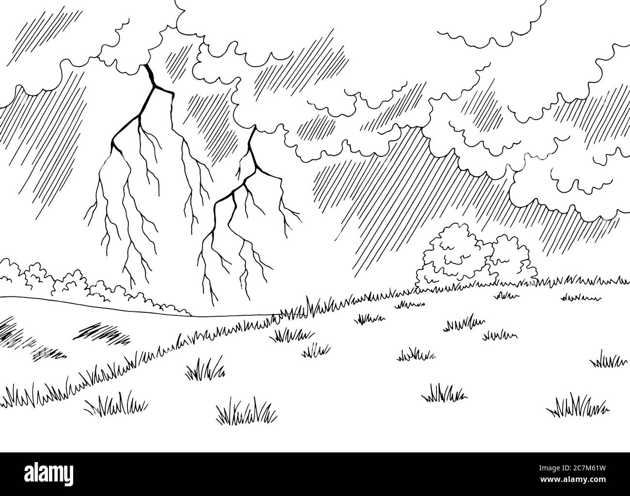 Thunderstorm grafico bianco nero disegno paesaggio vettore illustrazione Illustrazione Vettoriale