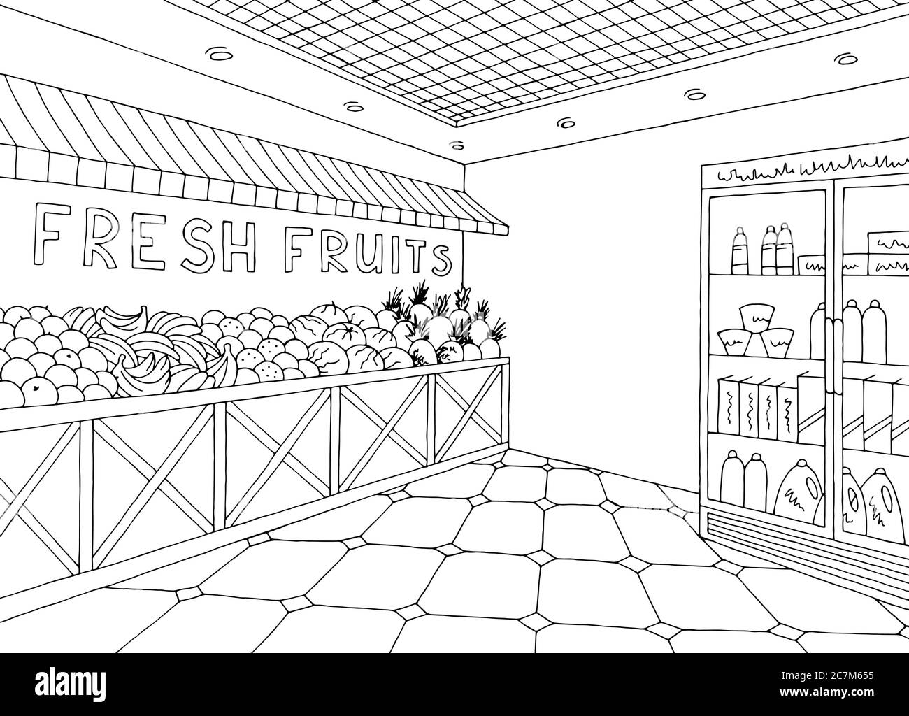 Negozio di alimentari interno negozio nero bianco grafico disegno vettore illustrazione Illustrazione Vettoriale