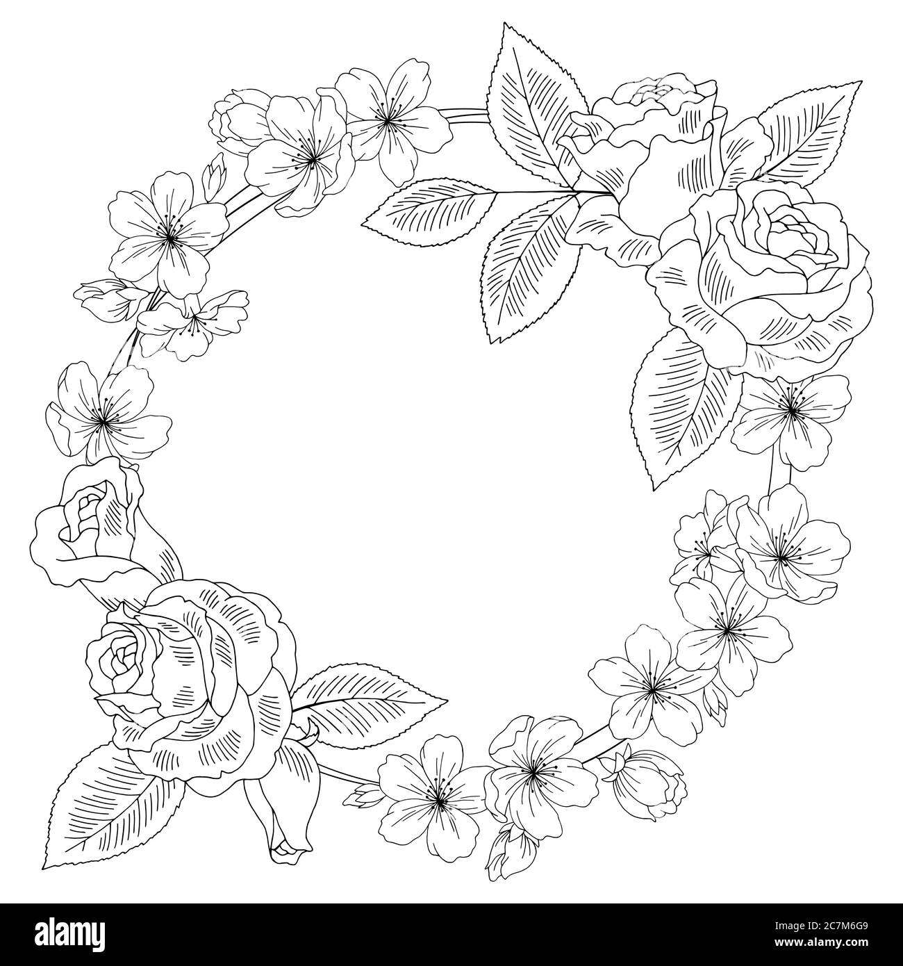 Fiore rosa grafica nero bianco isolato corona disegno vettore illustrazione schizzo Illustrazione Vettoriale