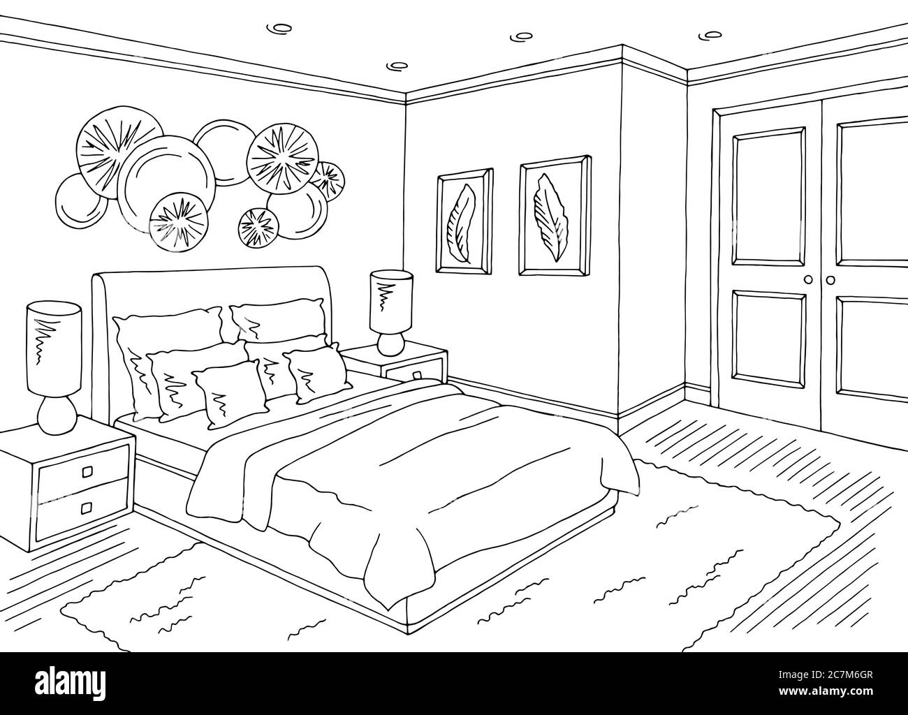 Camera da letto grafica nero bianco casa schizzo illustrazione vettoriale Illustrazione Vettoriale