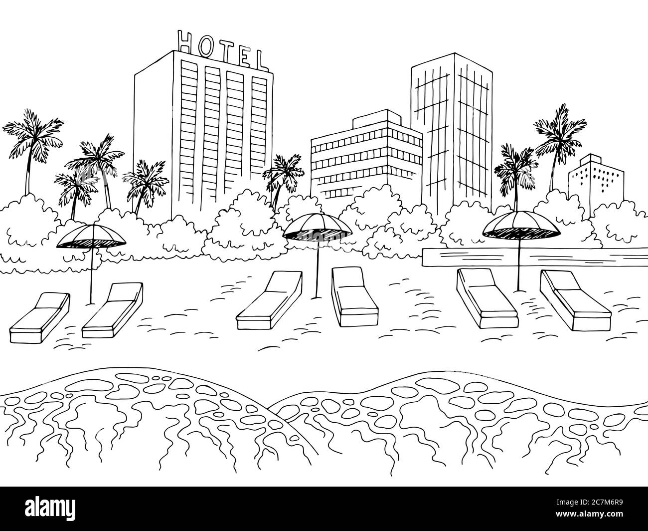 Città spiaggia grafica nero bianco disegno paesaggio vettore illustrazione Illustrazione Vettoriale