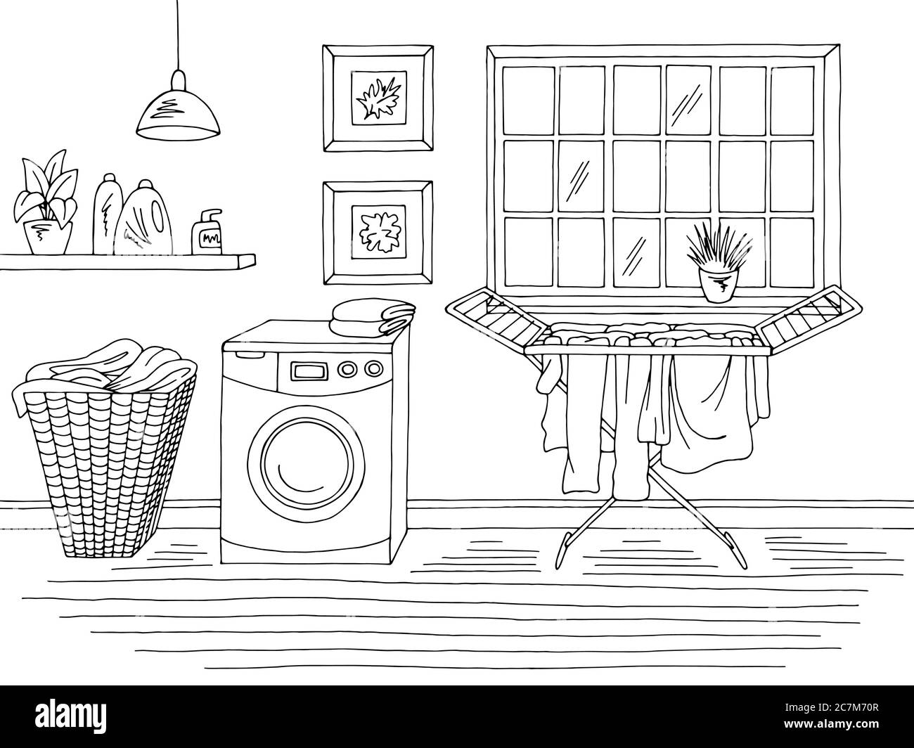 Lavanderia casa interna grafica nero bianco illustrazione vettore schizzo Illustrazione Vettoriale
