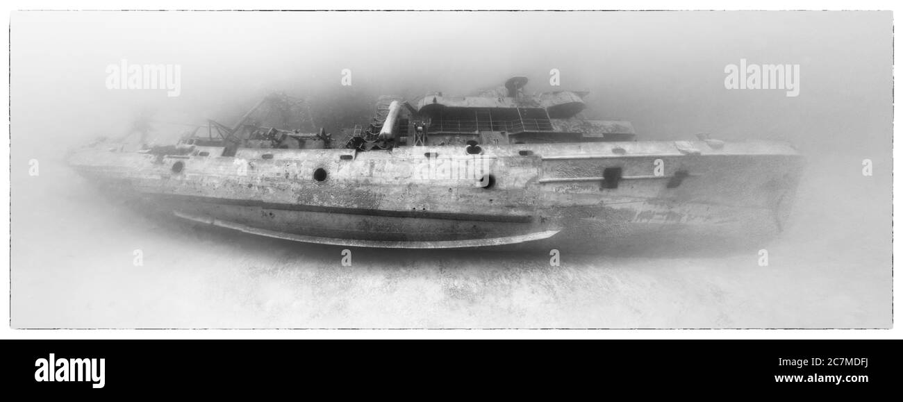 Vecchia fotografia incorniciata del famoso relitto USS Kittiwake Isole Cayman Foto Stock