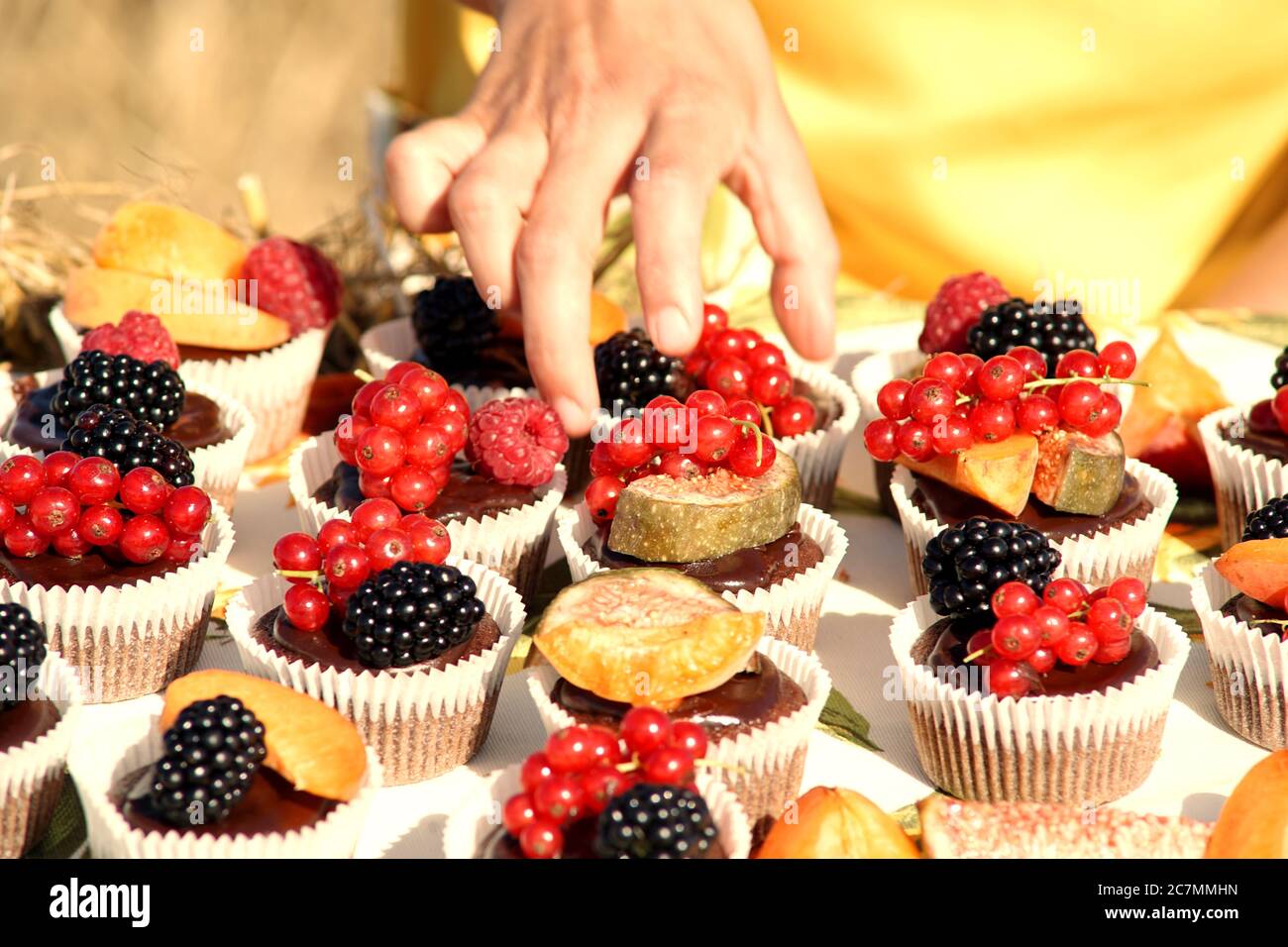 Muffin al cioccolato fatti in casa con frutta biologica. Foto Stock