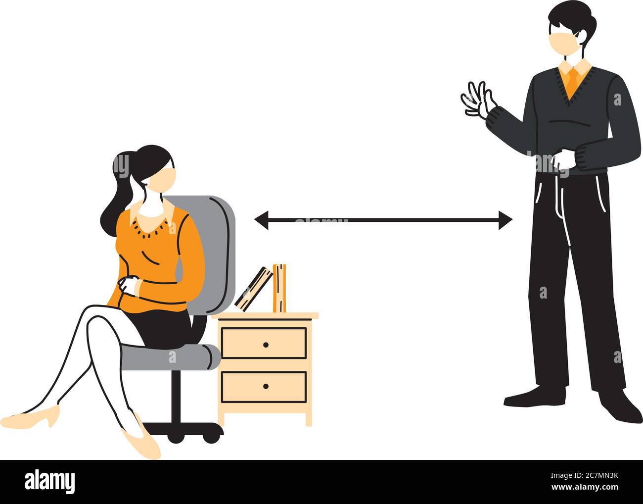 lavoratori di sesso maschile e femminile che indossano maschere in ufficio con distanza consentita disegno vettoriale illustrazione Illustrazione Vettoriale