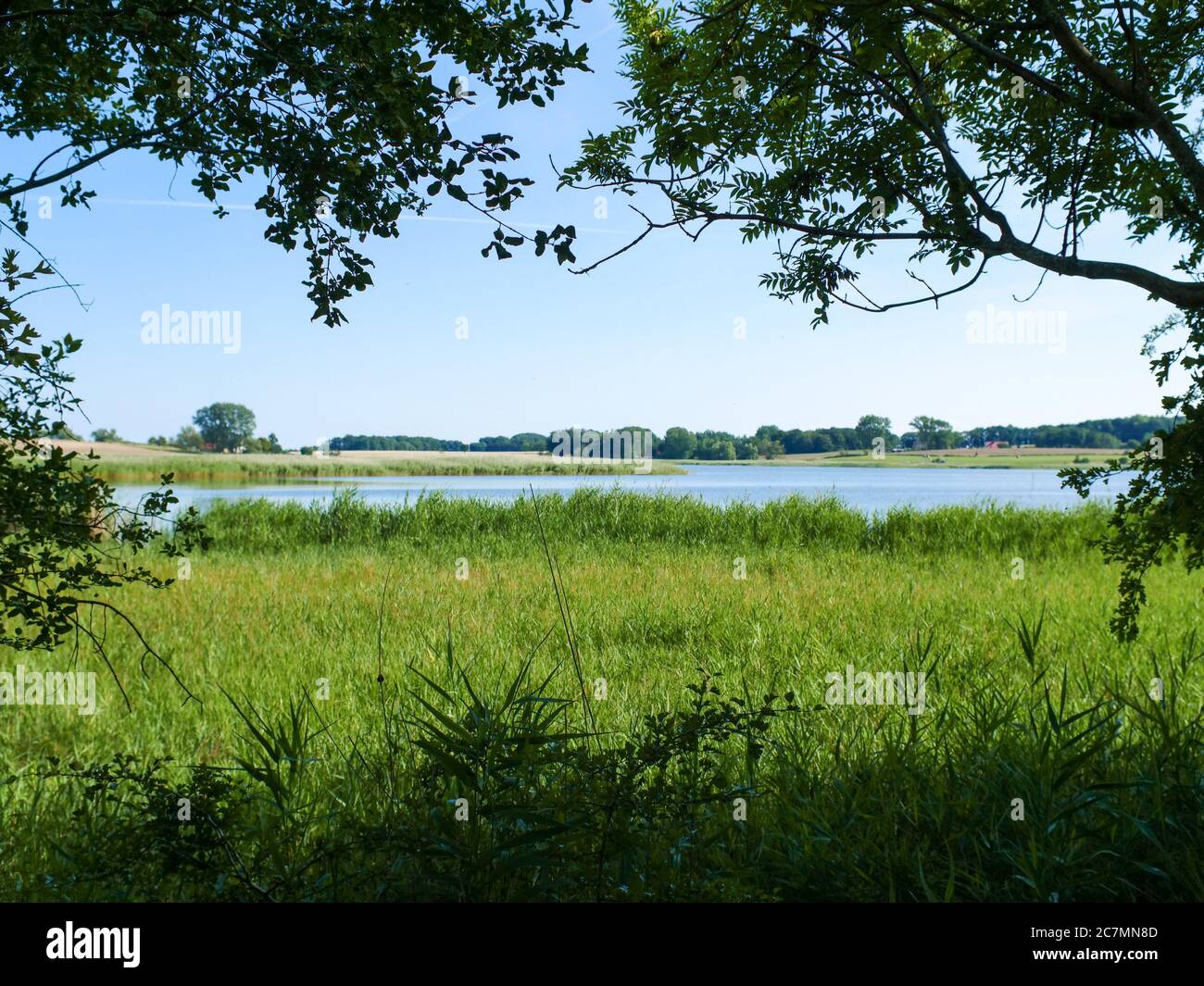 Großer Jasminder Bodden auf Rügen mit Booten, naturbelassenes Gewässer an der Ostsee See Foto Stock