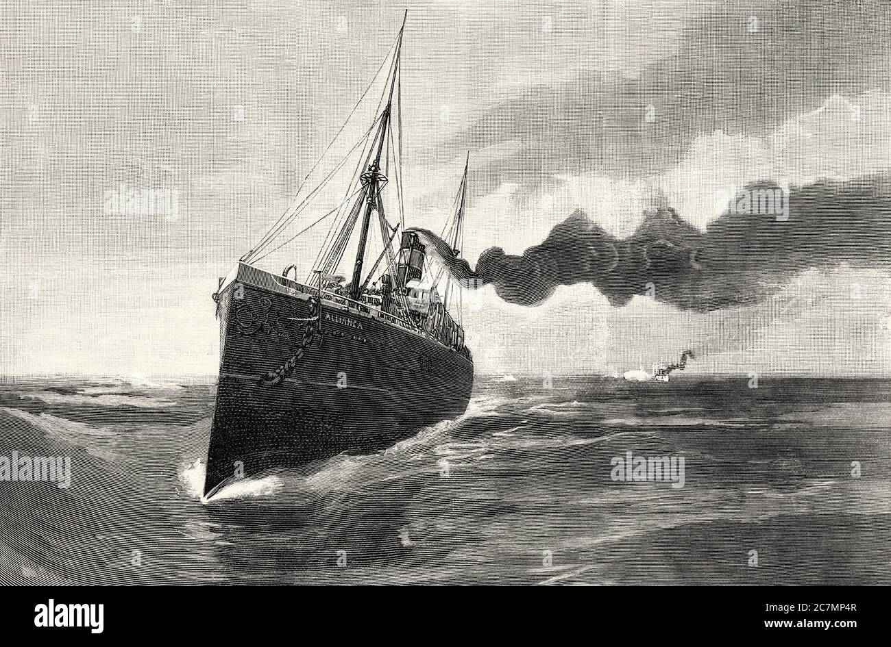 Il piroscafo dell'Alleanza degli Stati Uniti inseguito dalla nave spagnola Conde de Venadito nelle acque di Capo o Punta Maisi. Da la Ilustracion Española y americana 1895 Foto Stock