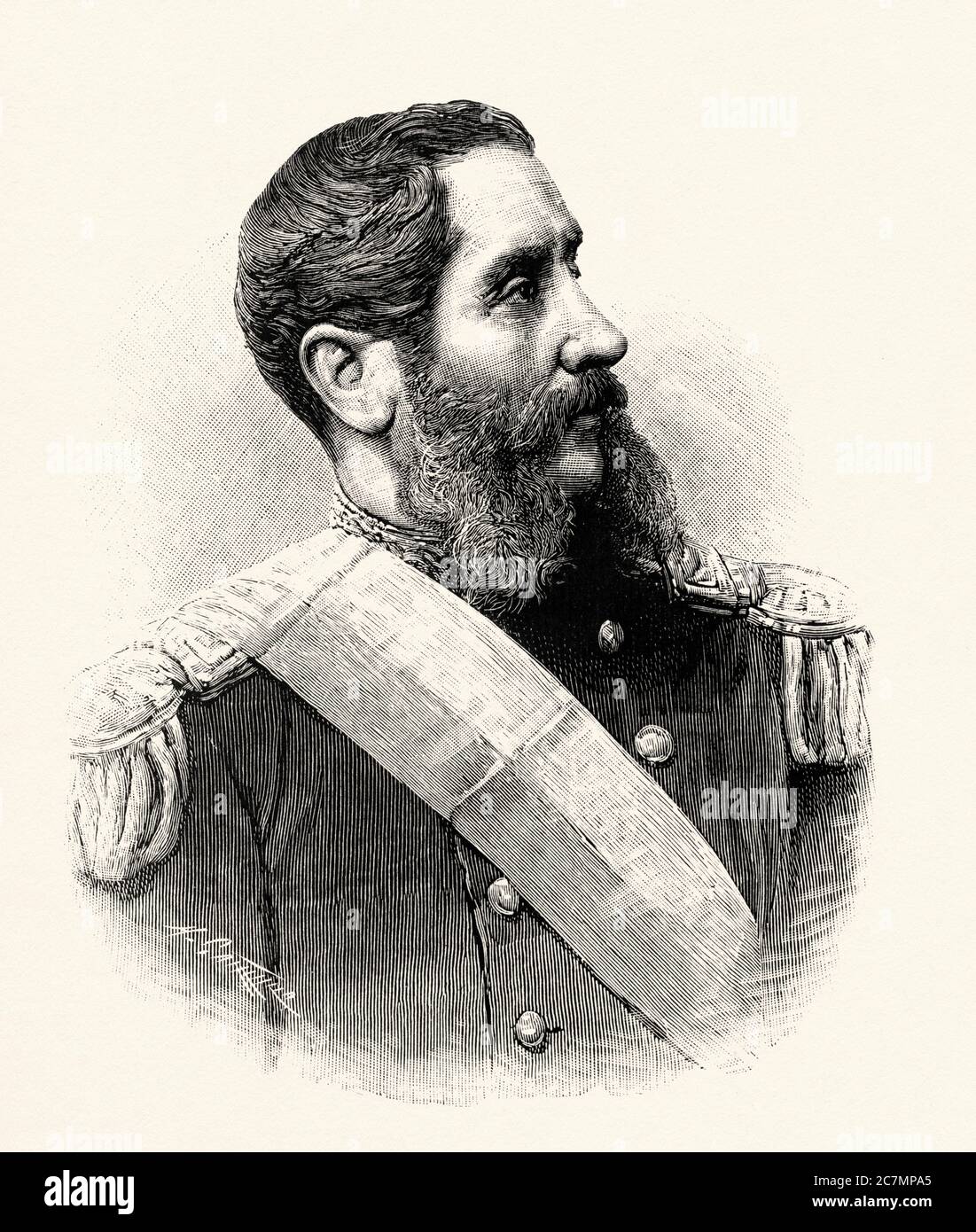 Center Andres Avelino Caceres Dorregaray (Ayacucho 1833 – Lima 1923) è stato un uomo militare peruviano e politico che combatté nella guerra del Pacifico e fu presidente costituzionale del Perù. È il patrono dell'arma di fanteria dell'esercito peruviano. Da la Ilustracion Española y americana 1895 Foto Stock