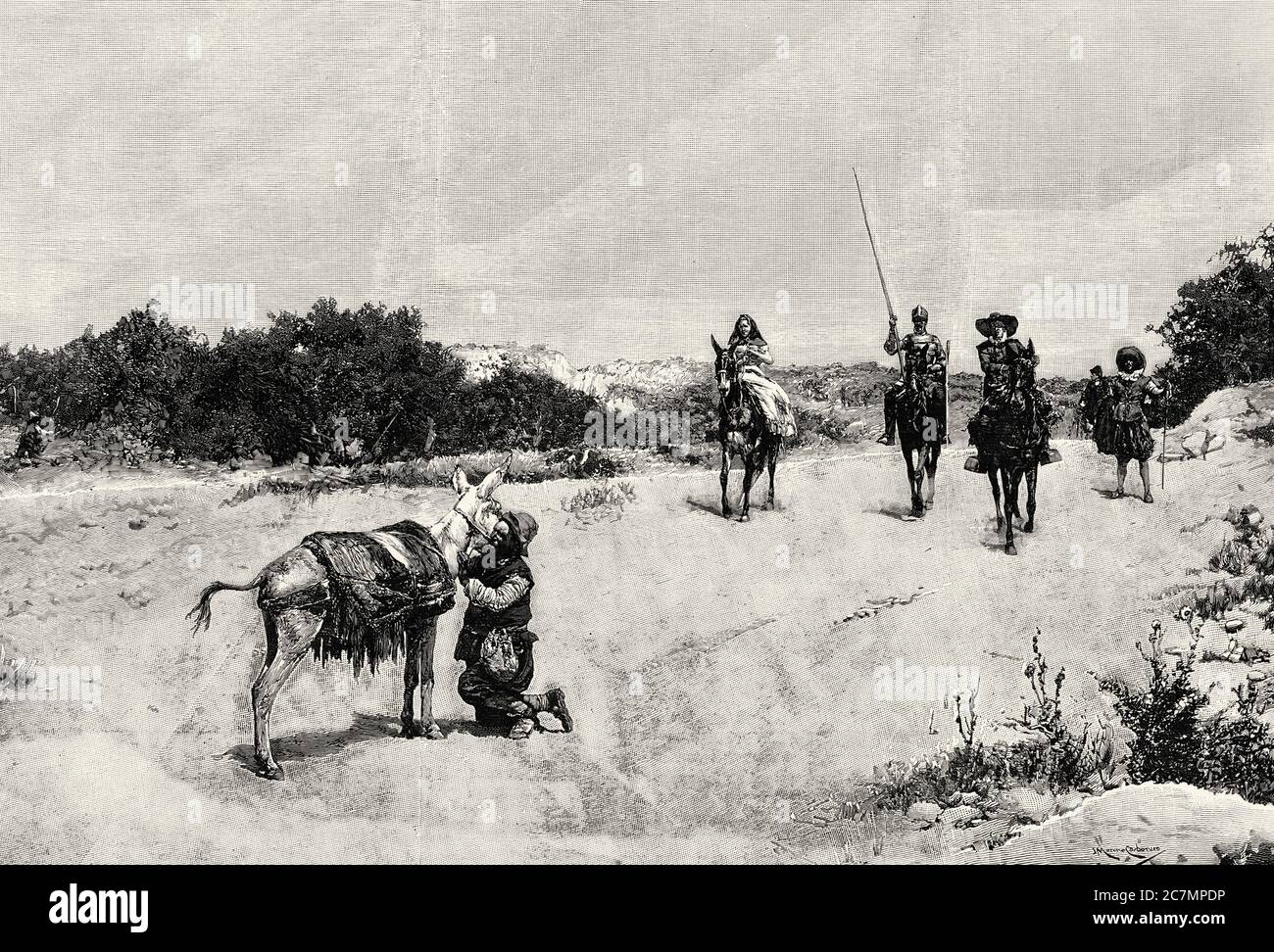 La riunione dell'asino, episodio di Don Chisciotte, dipinto di Jose Moreno Carbonero. Da la Ilustracion Española y americana 1895 Foto Stock