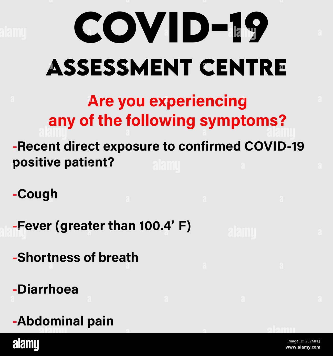 Covid19 Assessment Center Avviso con elenco dei sintomi di Coronavirus. Illustrazione Vettoriale