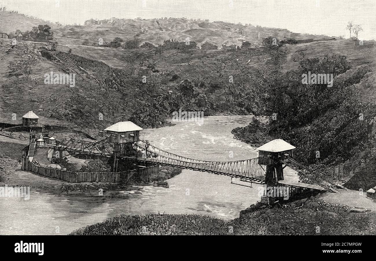 L'esercito spagnolo nelle Filippine 1896-1898. Ponte sospeso sul fiume Agus. Isola delle Filippine. Da la Ilustracion Española y americana 1895 Foto Stock