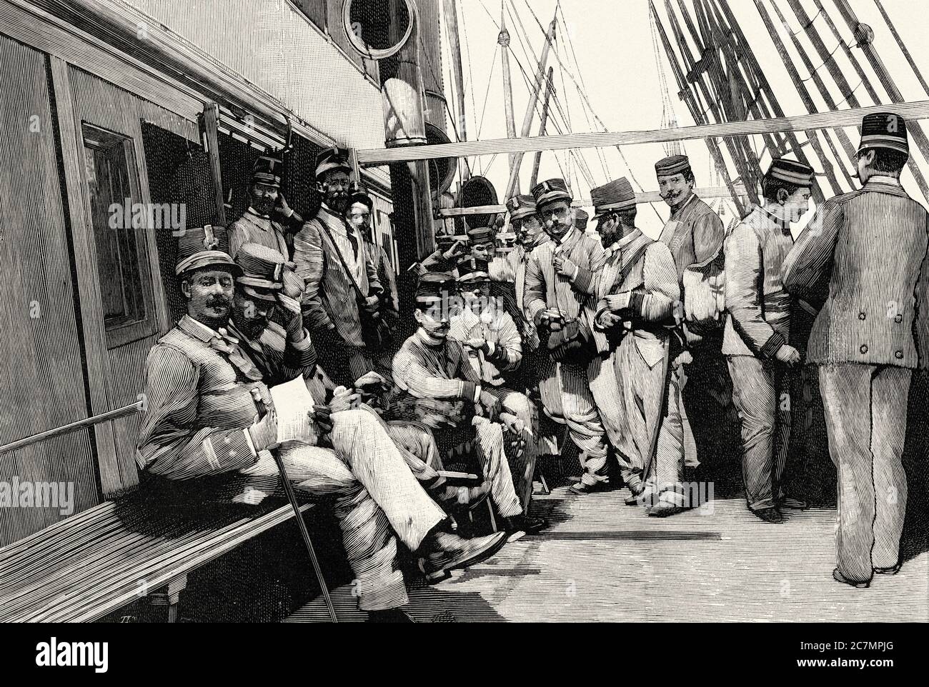 Trasporto di truppe destinate a Cuba sulla nave Columbus della compagnia transatlantica. Da la Ilustracion Española y americana 1895 Foto Stock