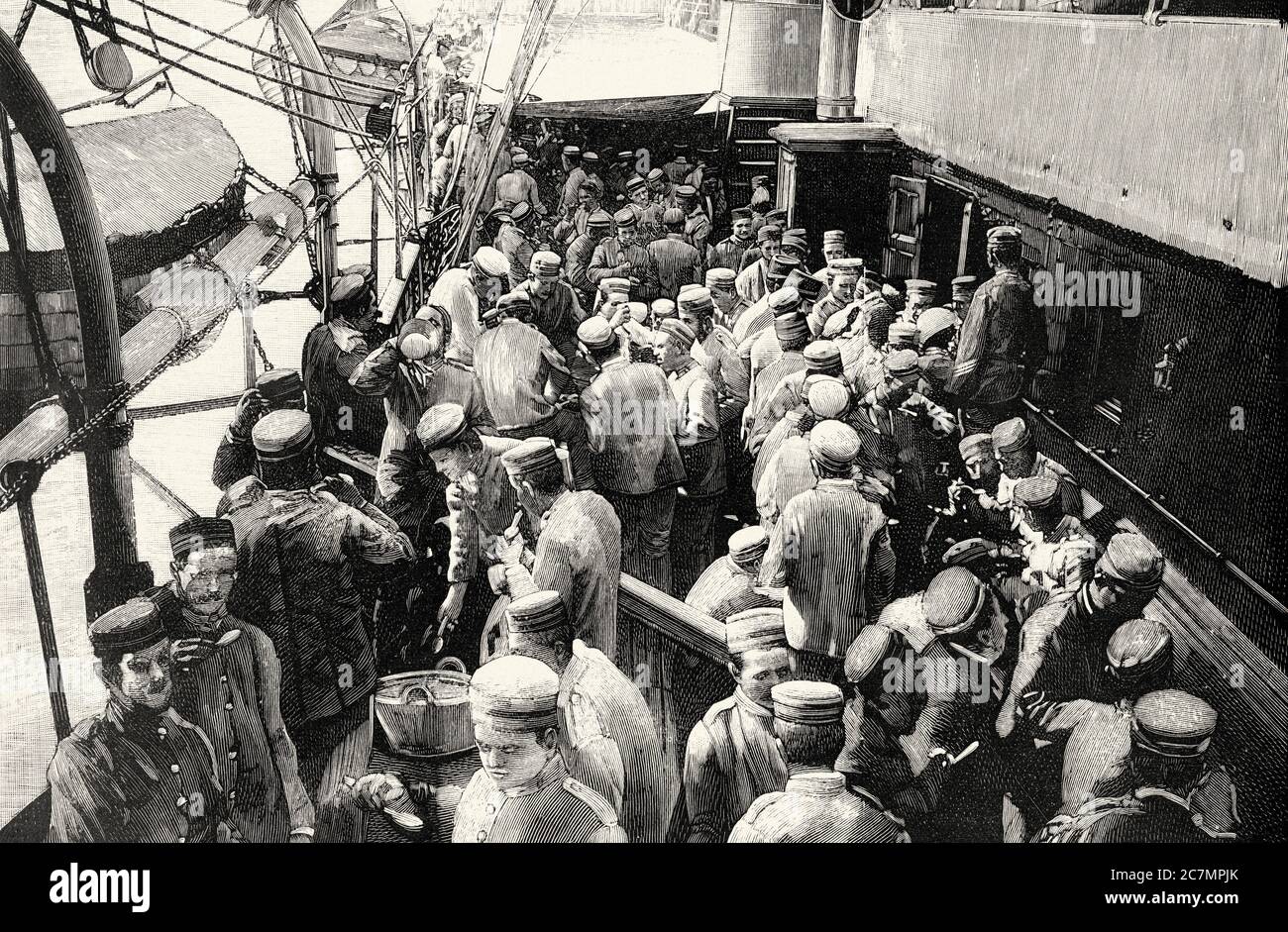 Trasporto di truppe destinate a Cuba sulla nave Columbus della compagnia transatlantica. Da la Ilustracion Española y americana 1895 Foto Stock